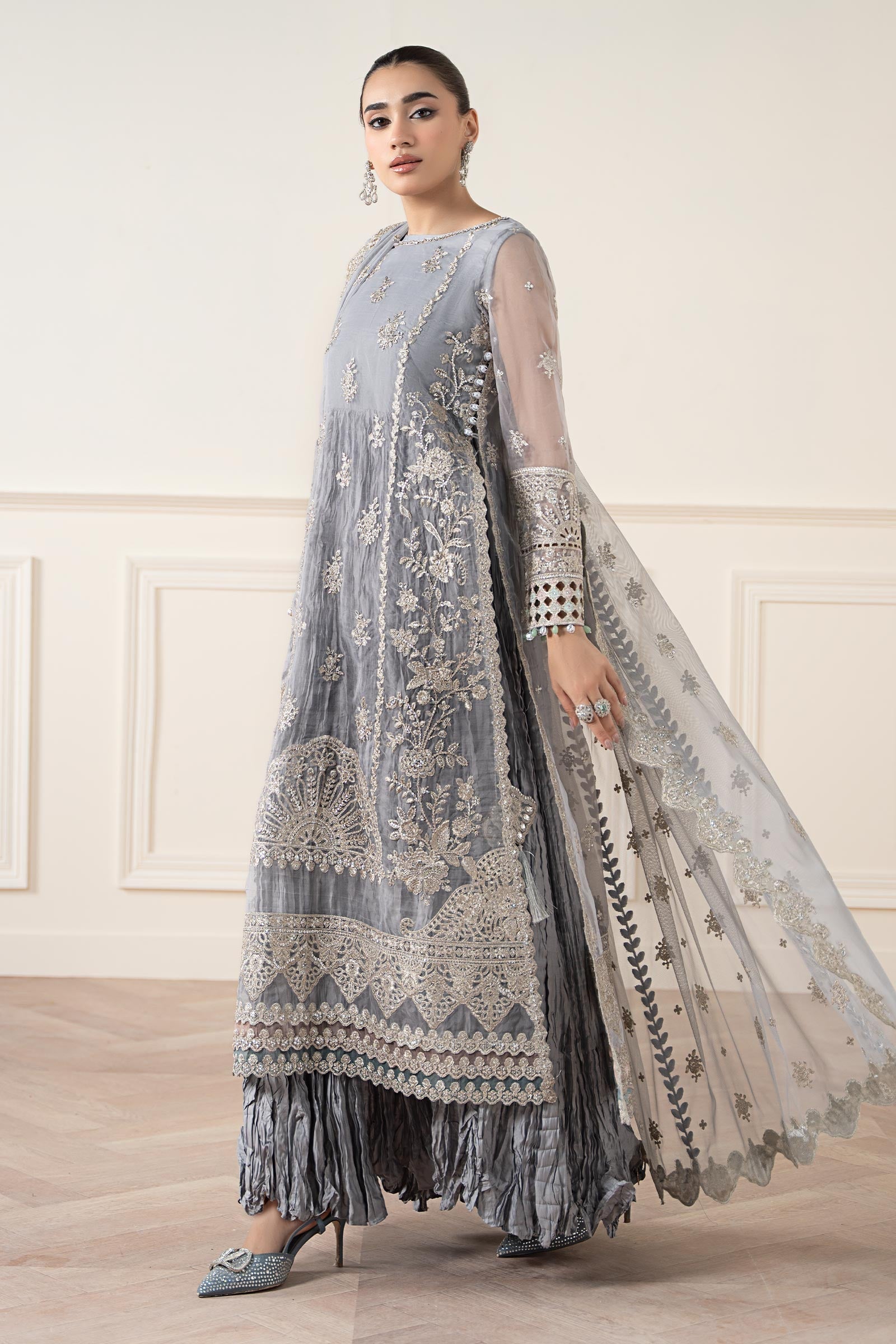Grey Embroidered Organza Salwar Kameez (3-Piece) - Image 6