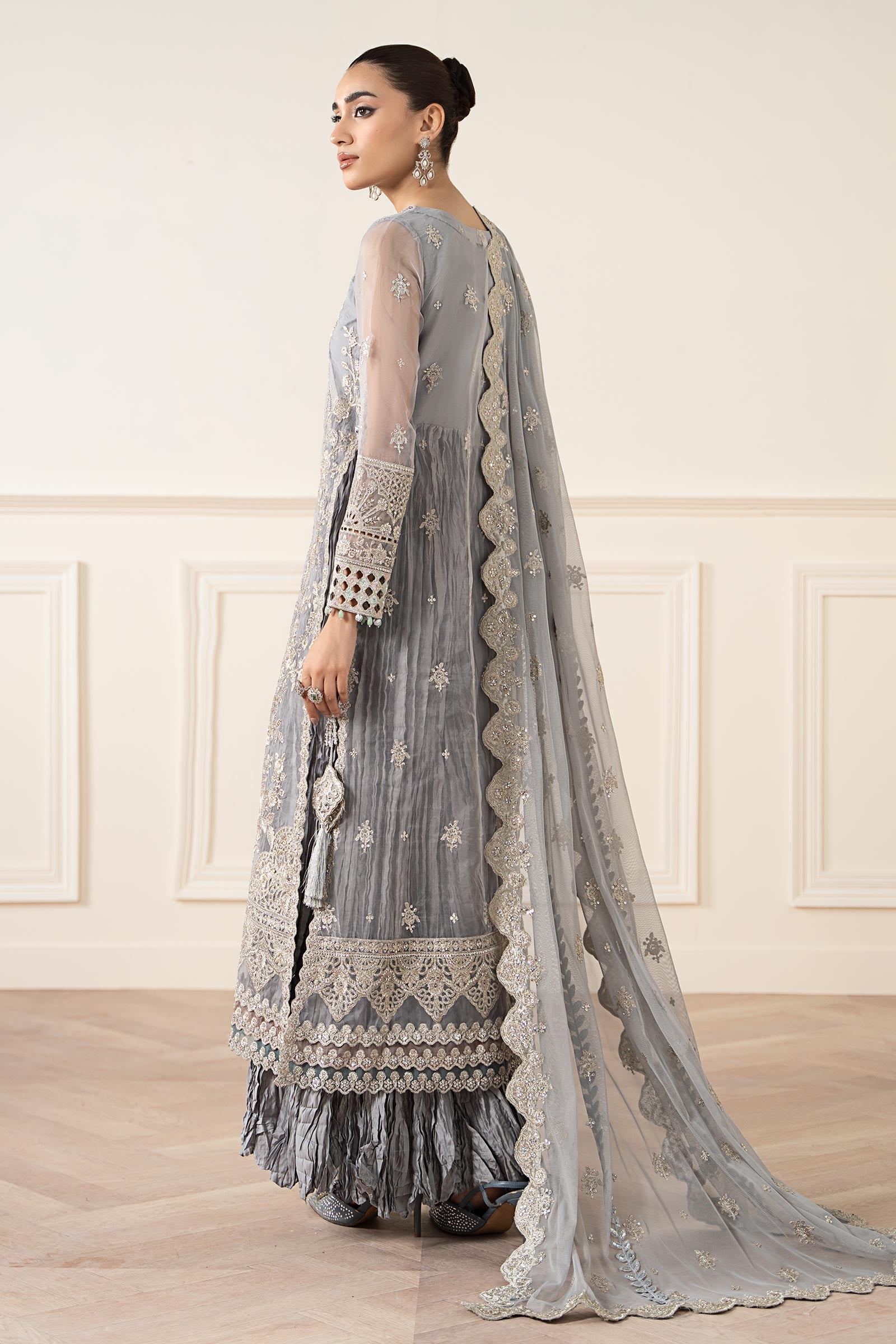 Grey Embroidered Organza Salwar Kameez (3-Piece) - Image 7