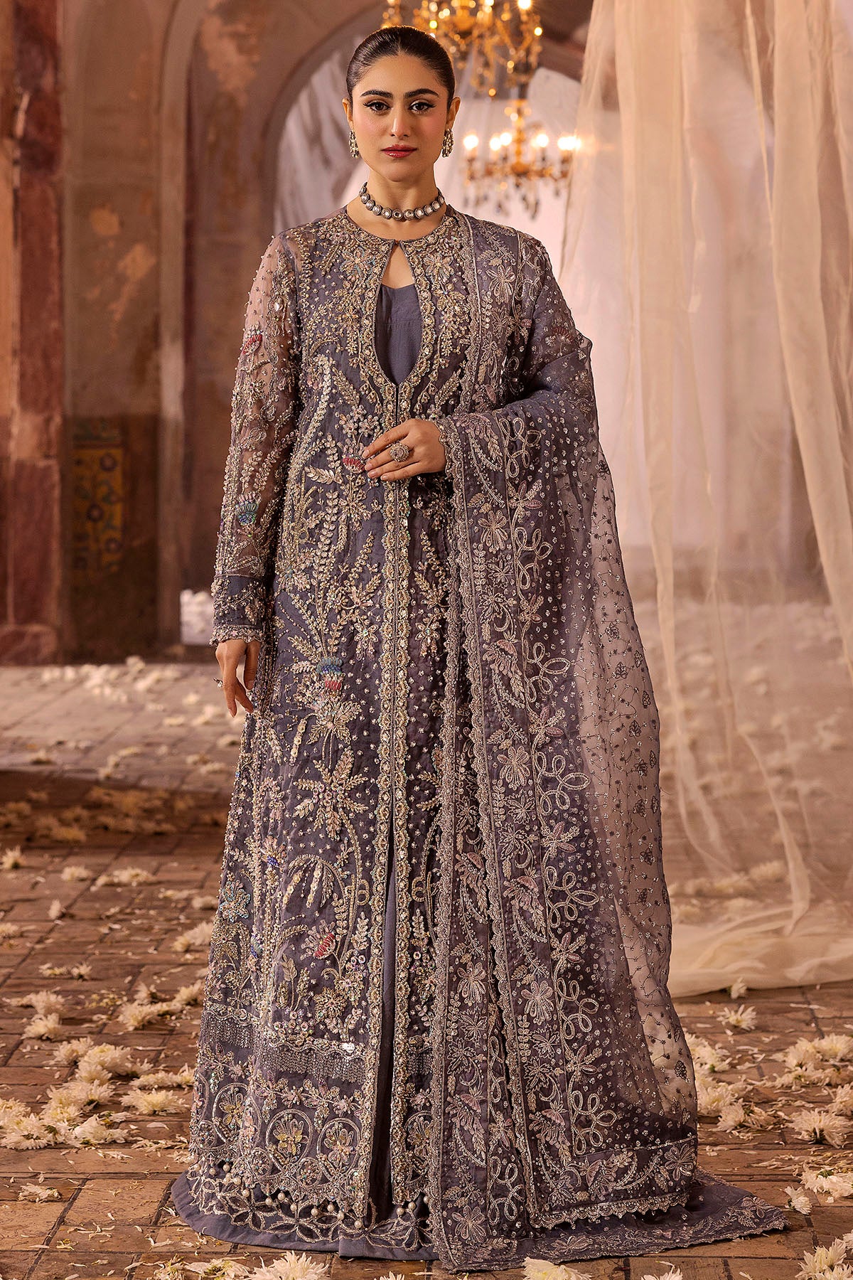 Grey Hand-Embellished Organza & Silk Jacket (3-Piece) - Image 1