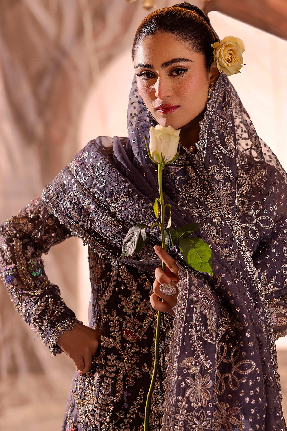 Grey Hand-Embellished Organza & Silk Jacket (3-Piece) - Image 4