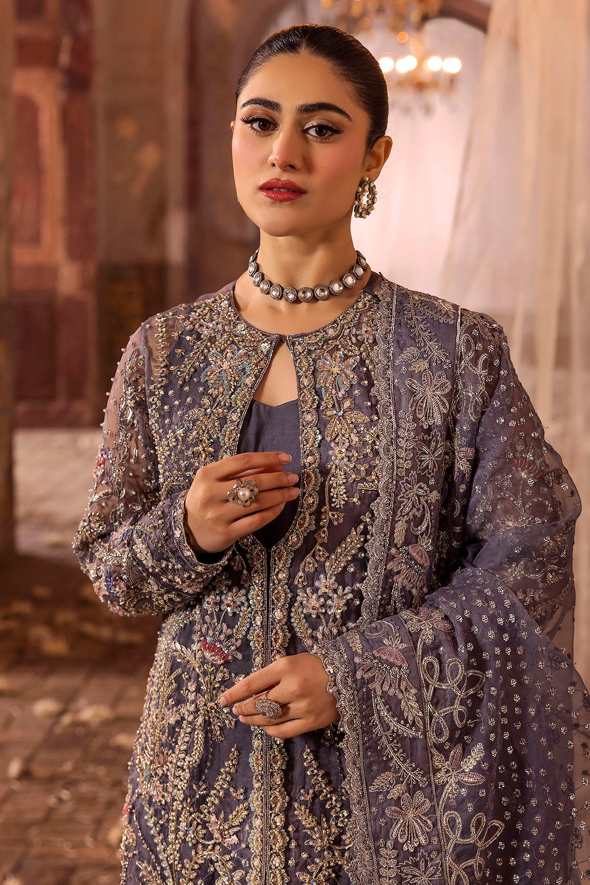 Grey Hand-Embellished Organza & Silk Jacket (3-Piece) - Image 5