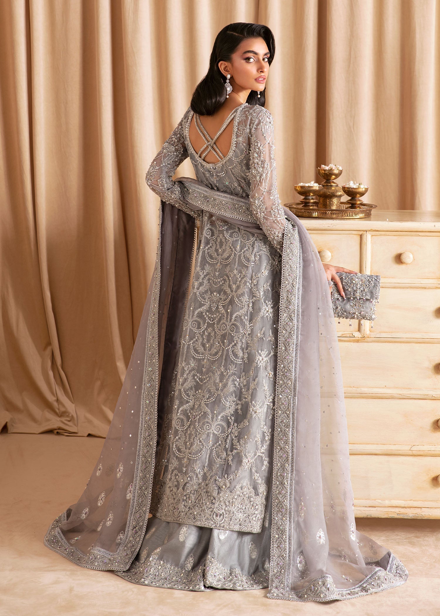 Indian Grey Embellished Organza Salwar Kameez (3-Piece) - Image 2