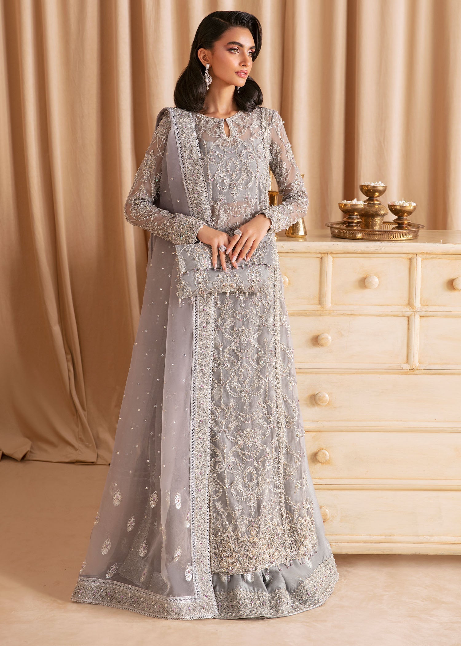 Indian Grey Embellished Organza Salwar Kameez (3-Piece) - Image 5