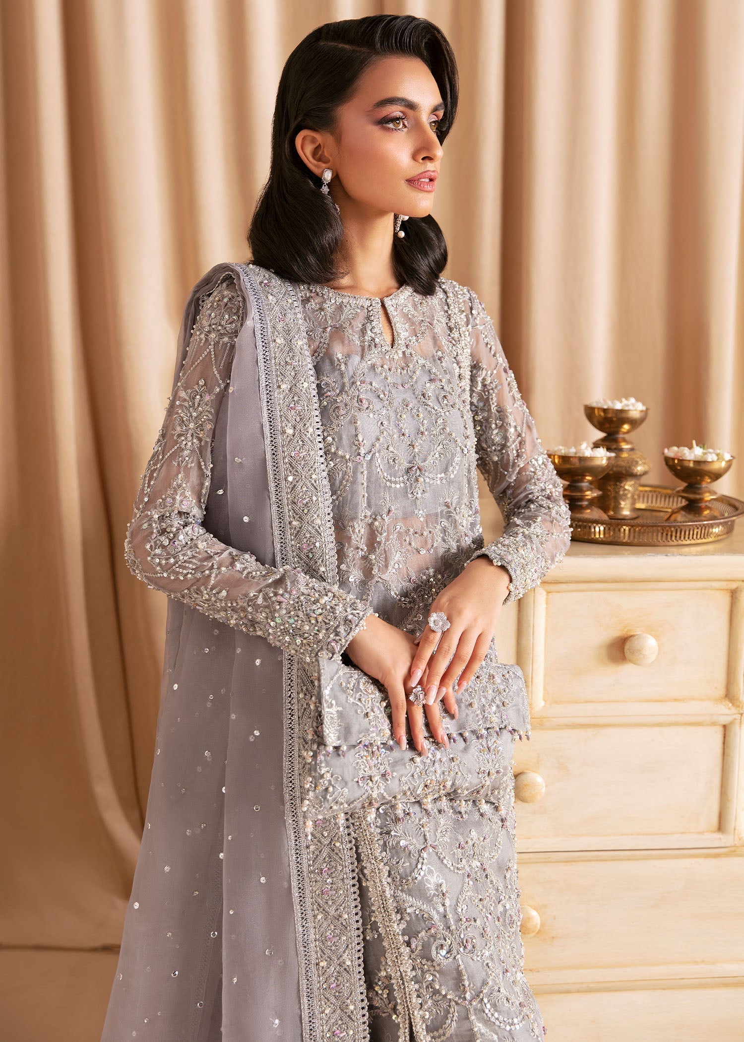 Indian Grey Embellished Organza Salwar Kameez (3-Piece) - Image 6