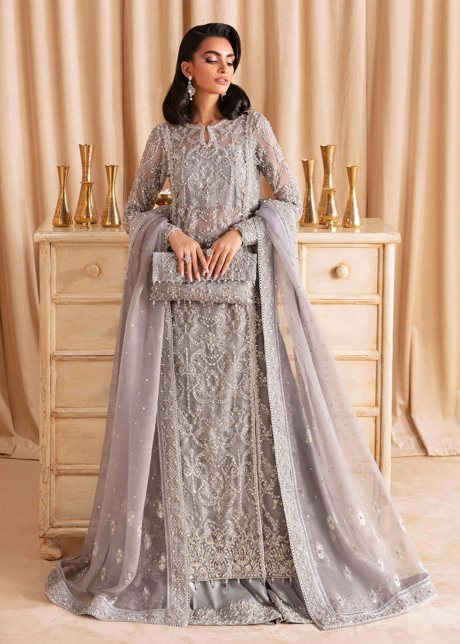 Pakistani Grey Embroidered Organza Salwar Kameez (3-Piece) - Image 1