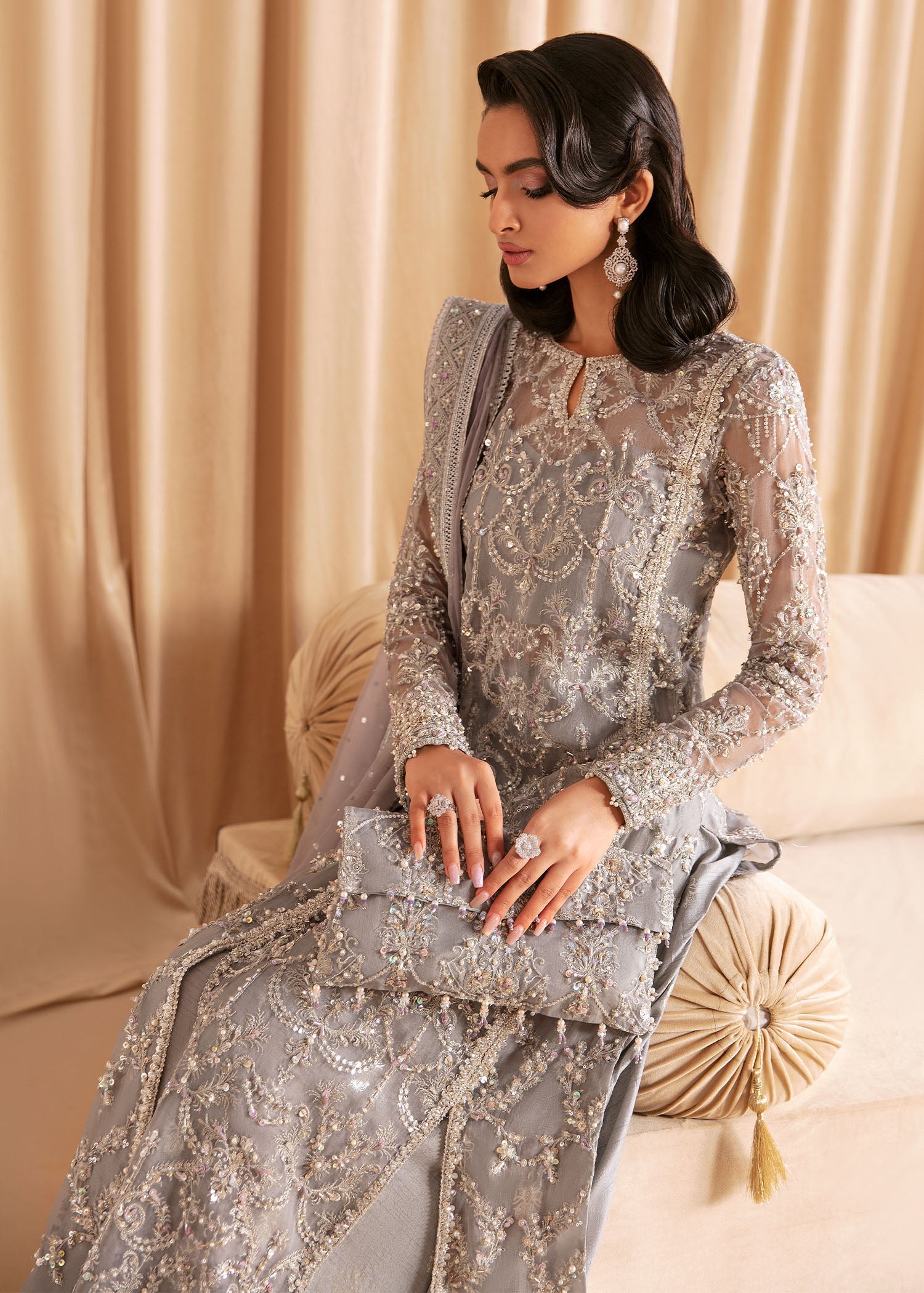 Pakistani Grey Embroidered Organza Salwar Kameez (3-Piece) - Image 3