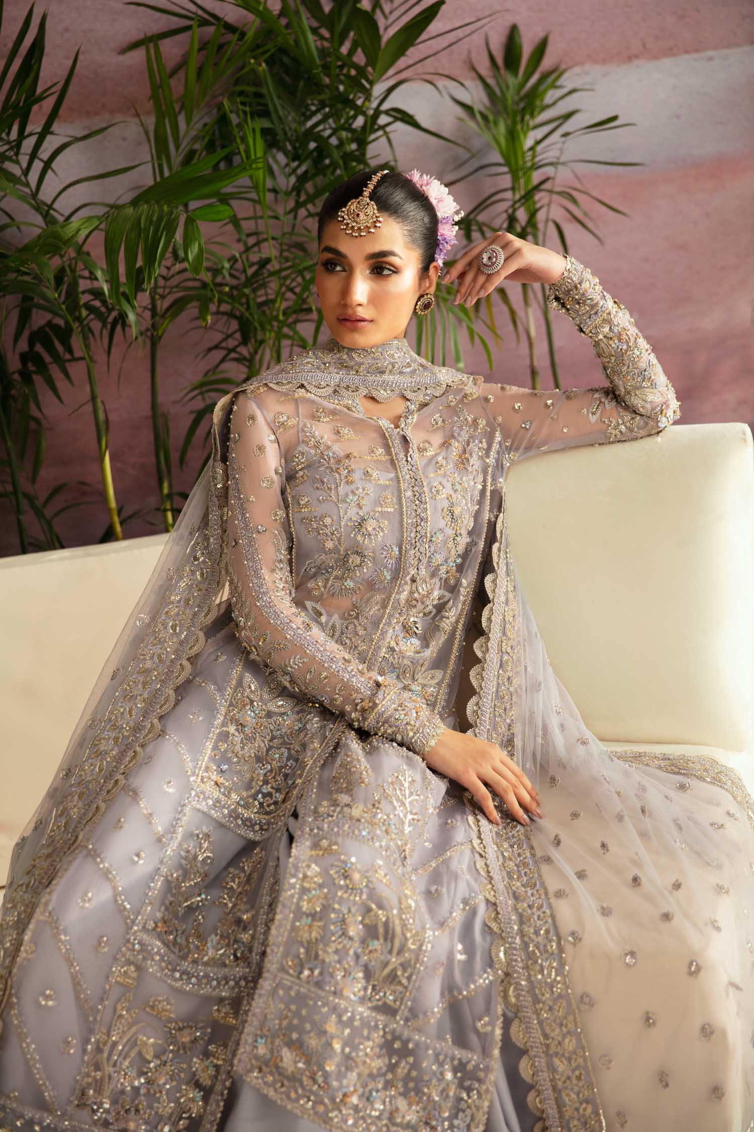 Pakistani Silver Grey Hand-Embellished Organza Kameez (3-Piece) - Image 10