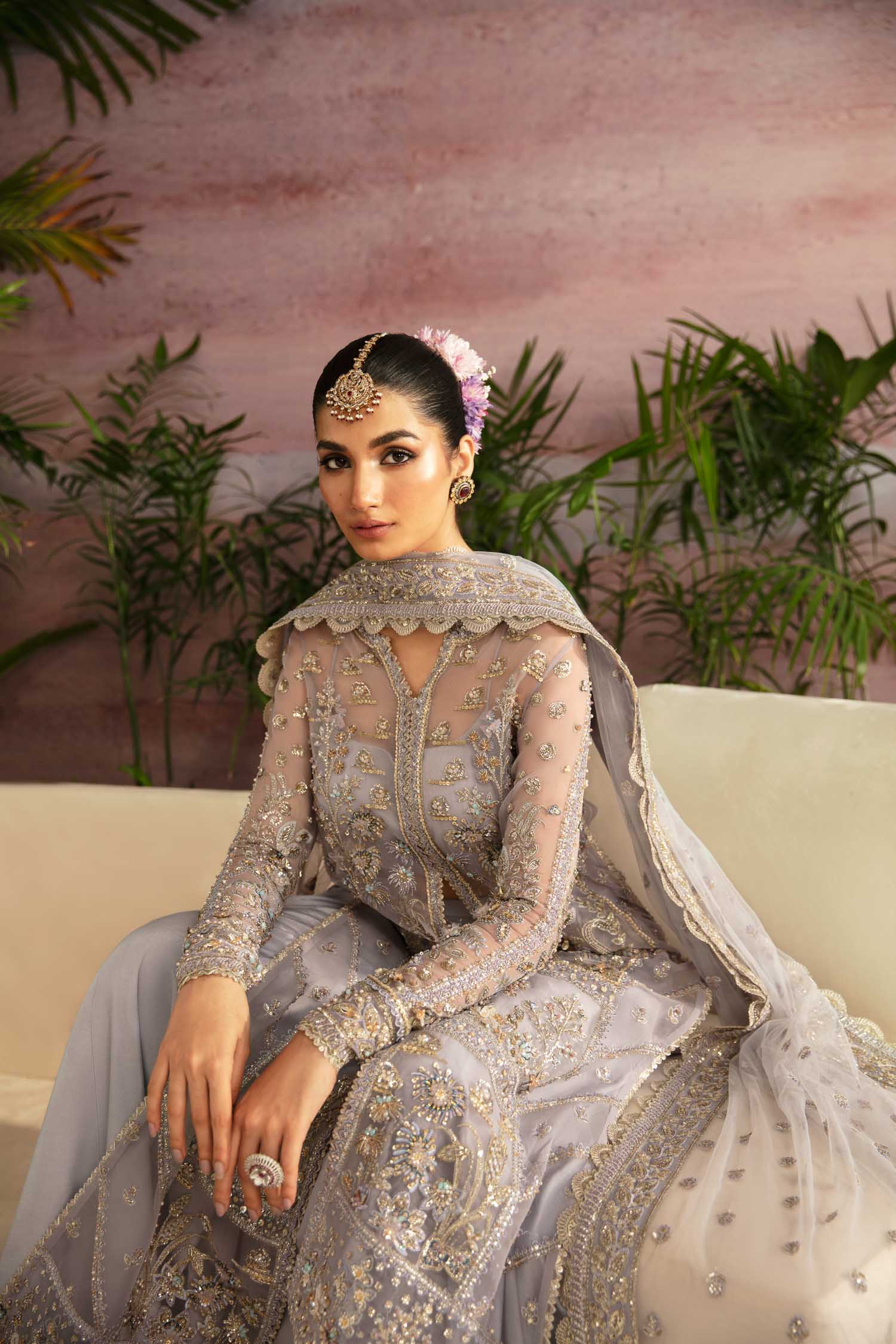 Pakistani Silver Grey Hand-Embellished Organza Kameez (3-Piece) - Image 11