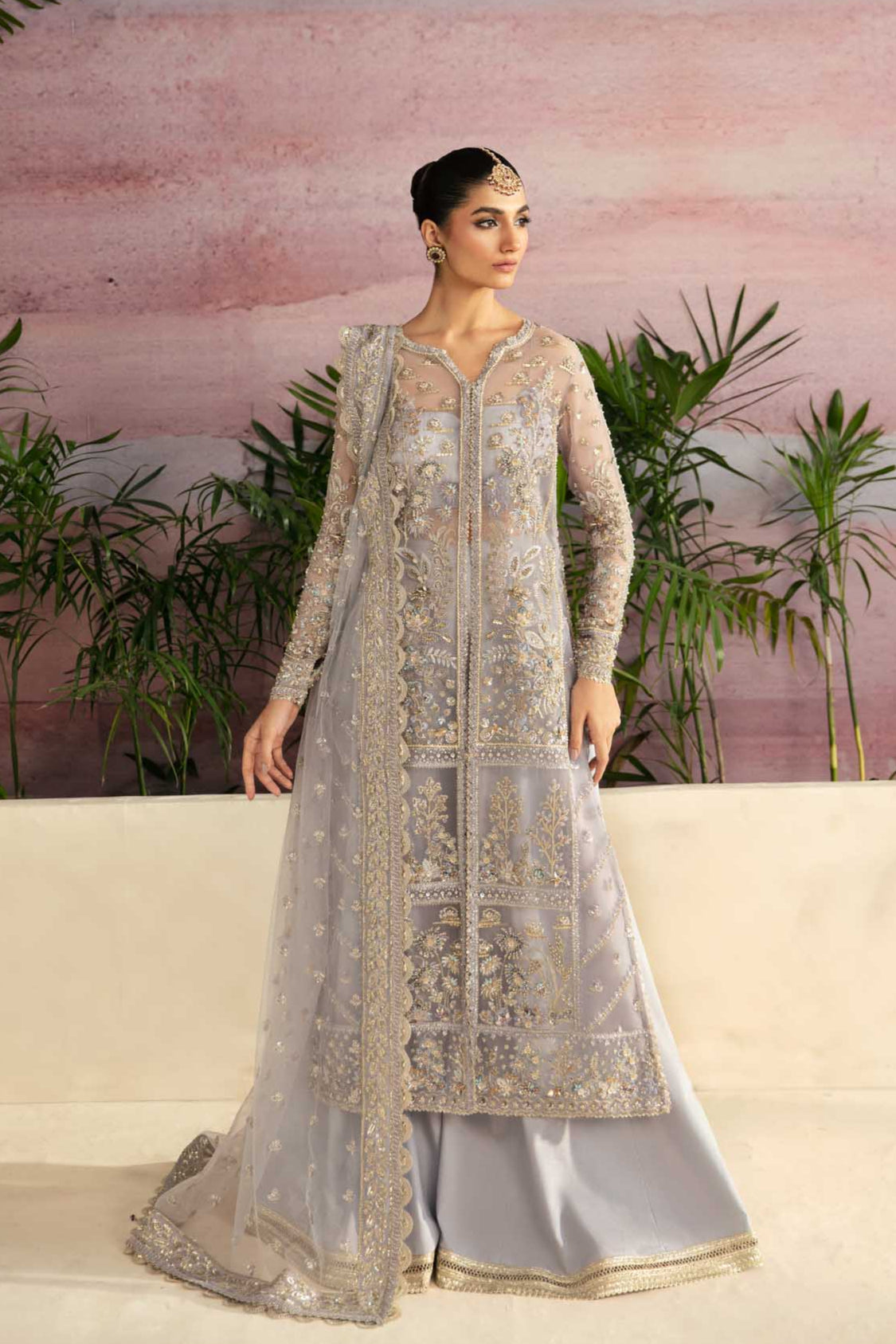 Pakistani Silver Grey Hand-Embellished Organza Kameez (3-Piece) - Image 2