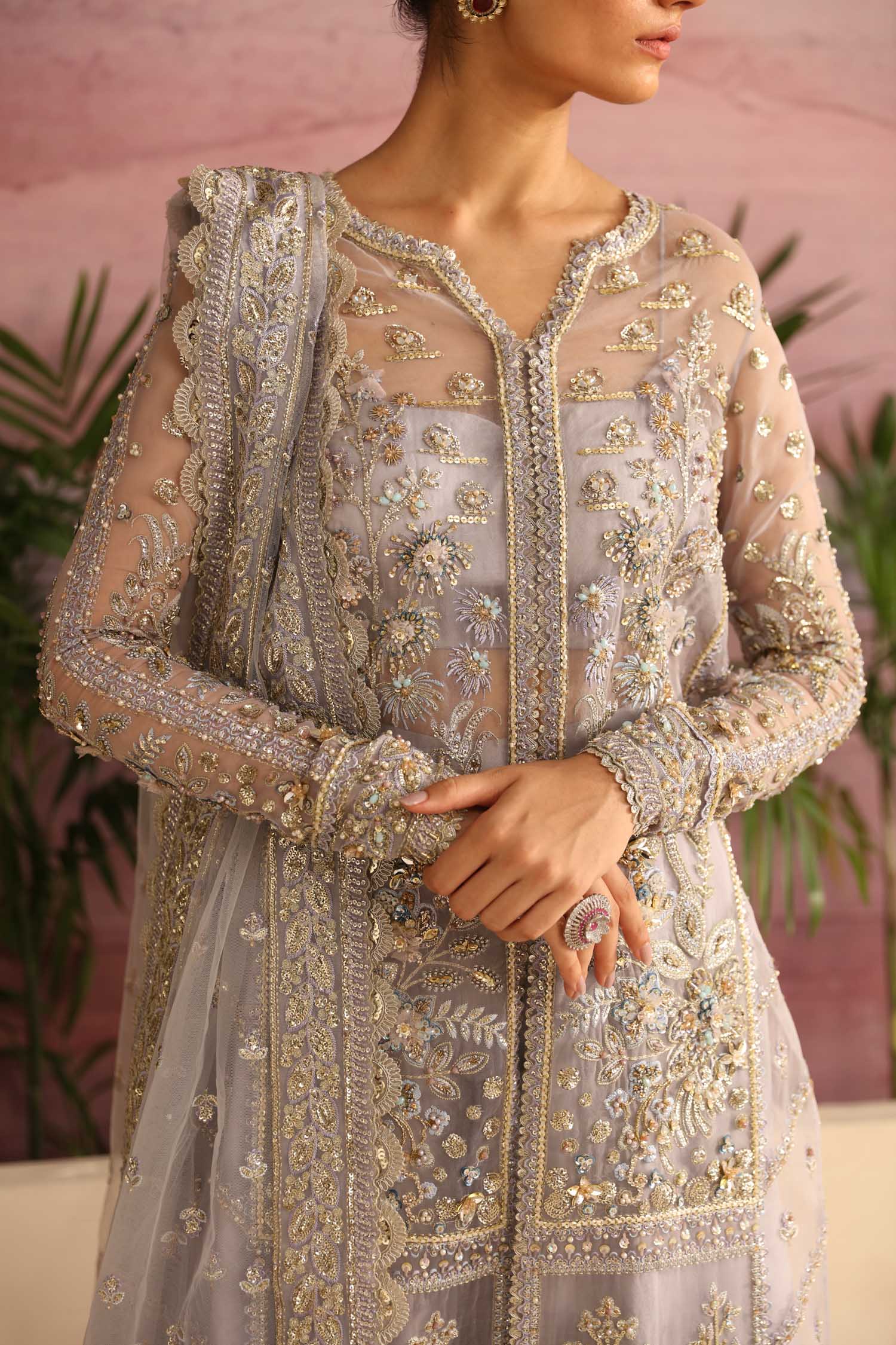 Pakistani Silver Grey Hand-Embellished Organza Kameez (3-Piece) - Image 3