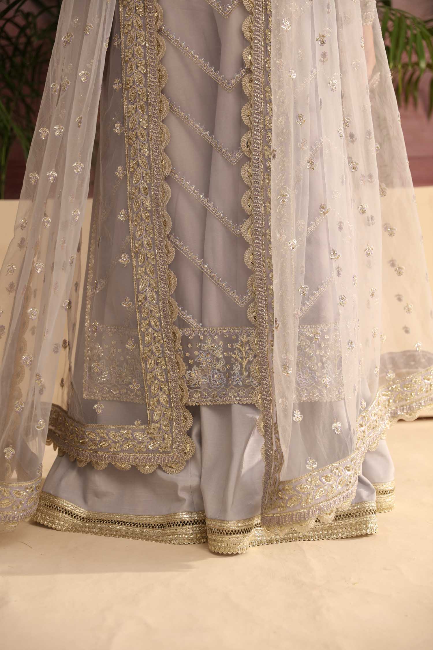 Pakistani Silver Grey Hand-Embellished Organza Kameez (3-Piece) - Image 4