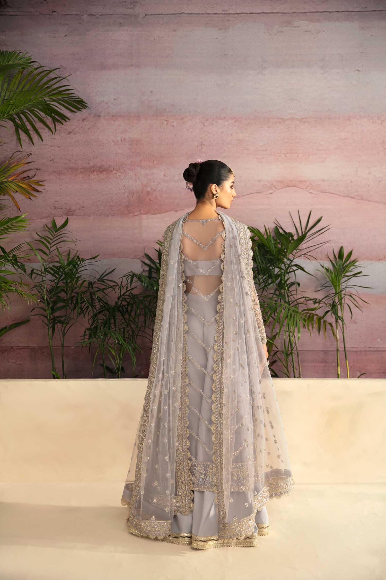 Pakistani Silver Grey Hand-Embellished Organza Kameez (3-Piece) - Image 6