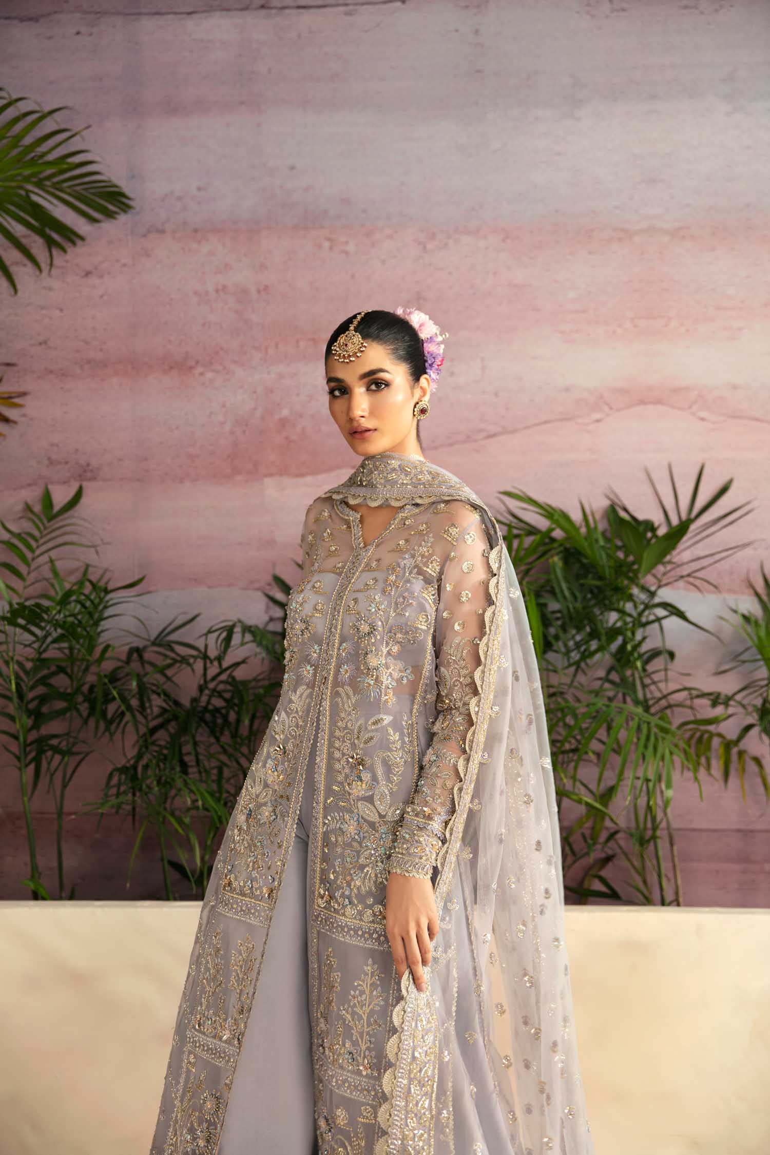 Pakistani Silver Grey Hand-Embellished Organza Kameez (3-Piece) - Image 7