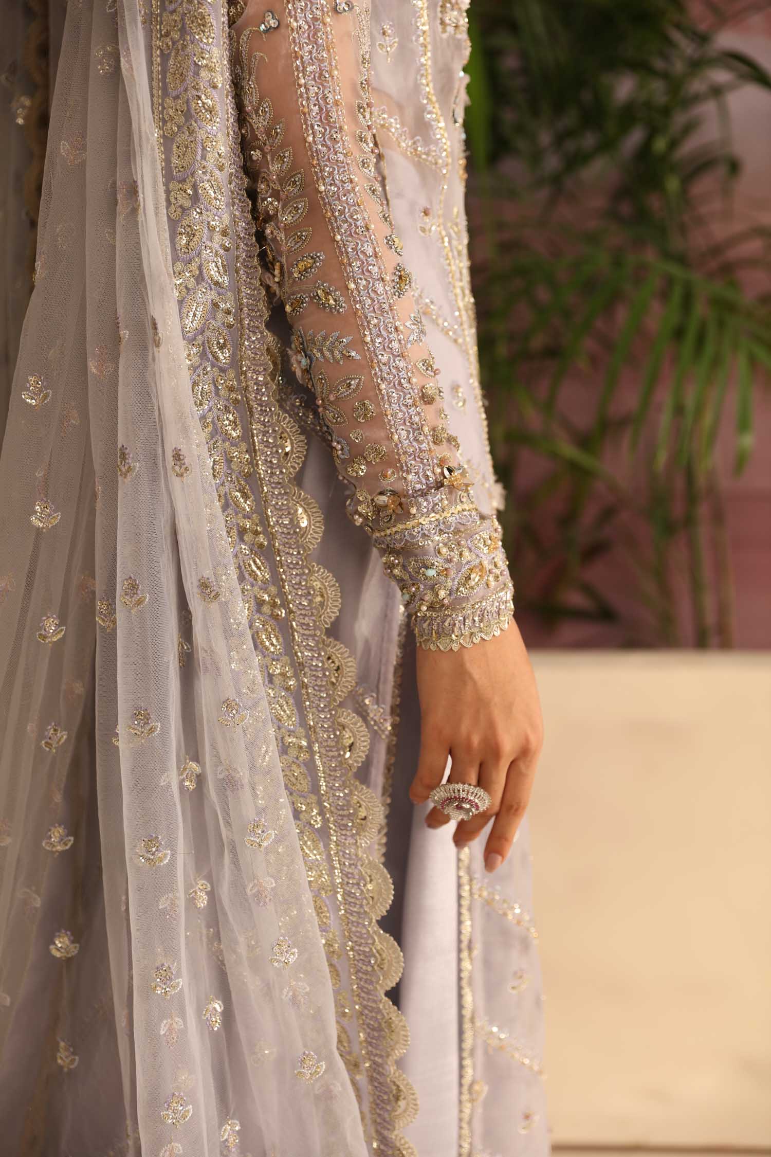 Pakistani Silver Grey Hand-Embellished Organza Kameez (3-Piece) - Image 9