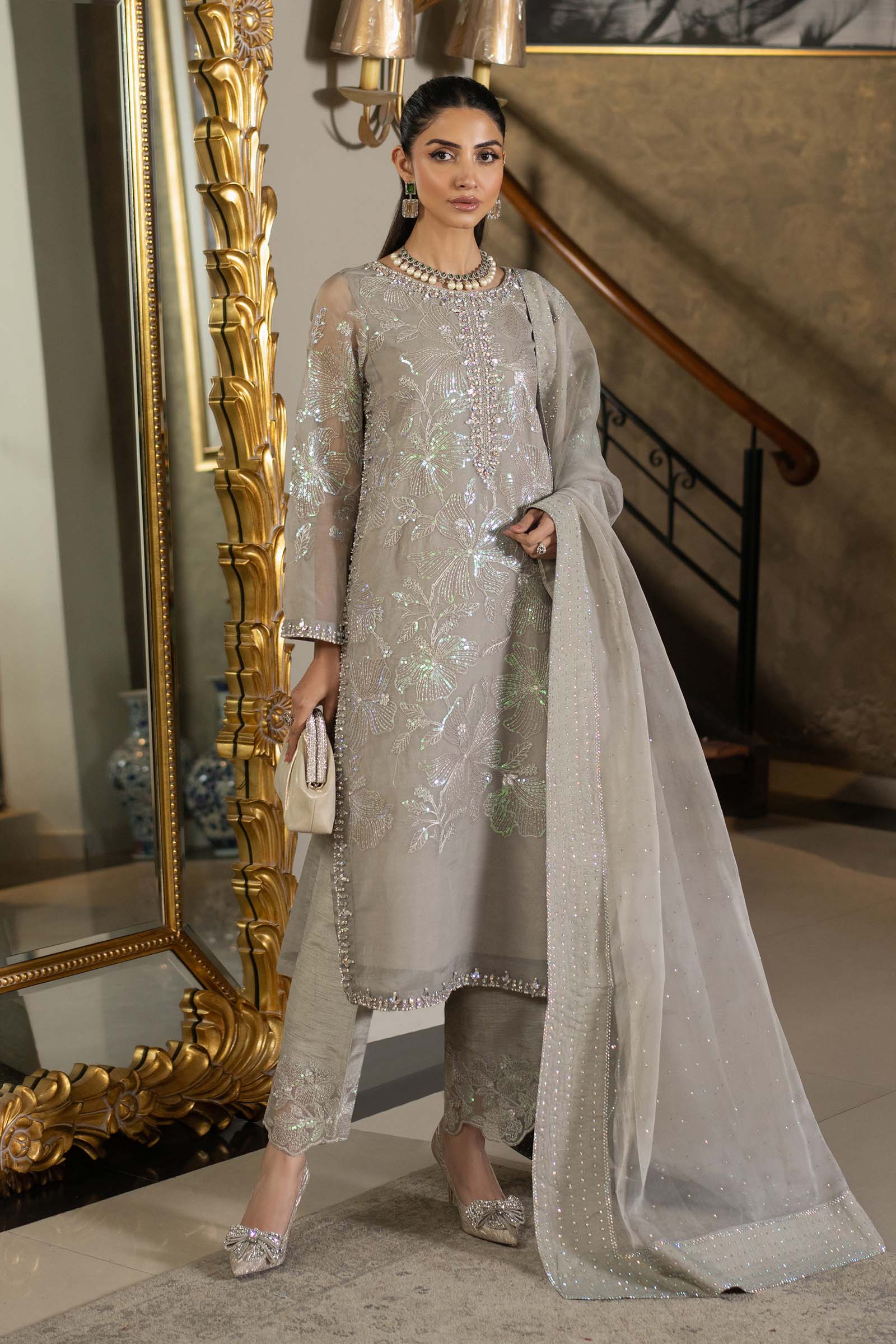 Pakistani Grey Embroidered Organza 3-Piece Suit - Image 1