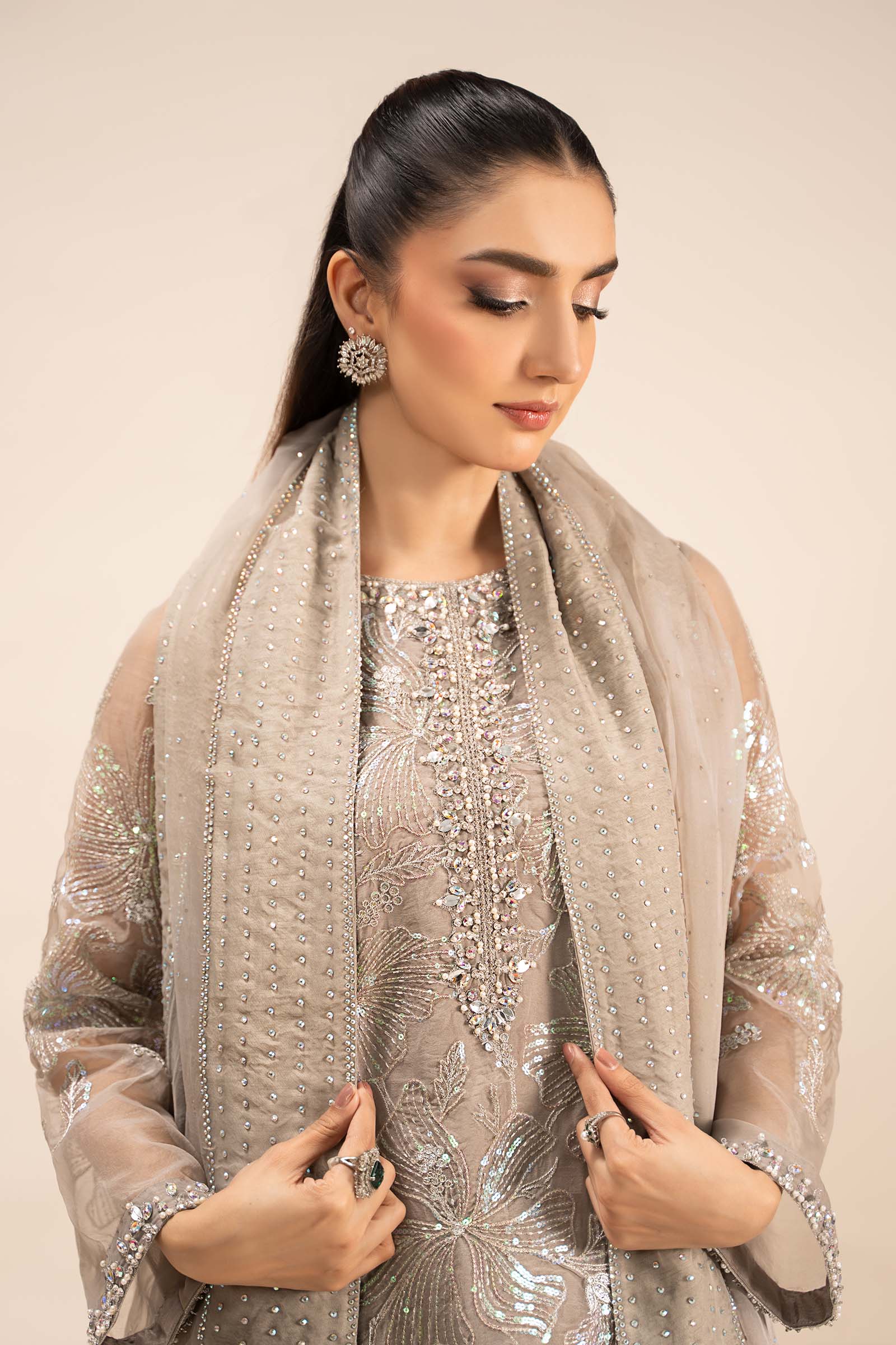 Pakistani Grey Embroidered Organza 3-Piece Suit - Image 10