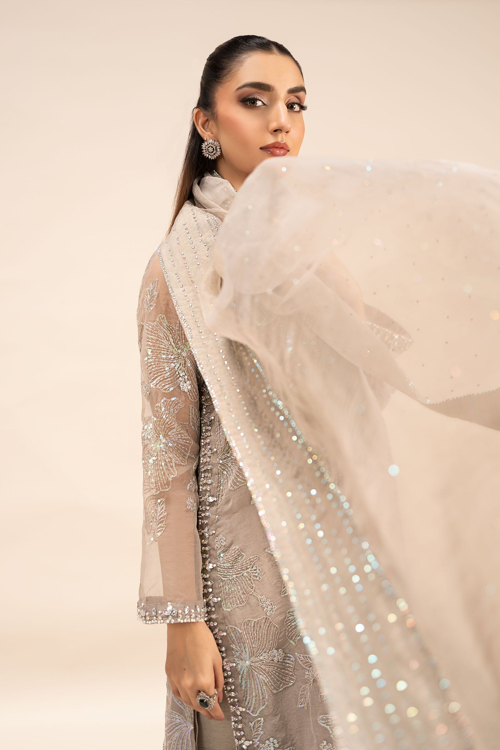 Pakistani Grey Embroidered Organza 3-Piece Suit - Image 11
