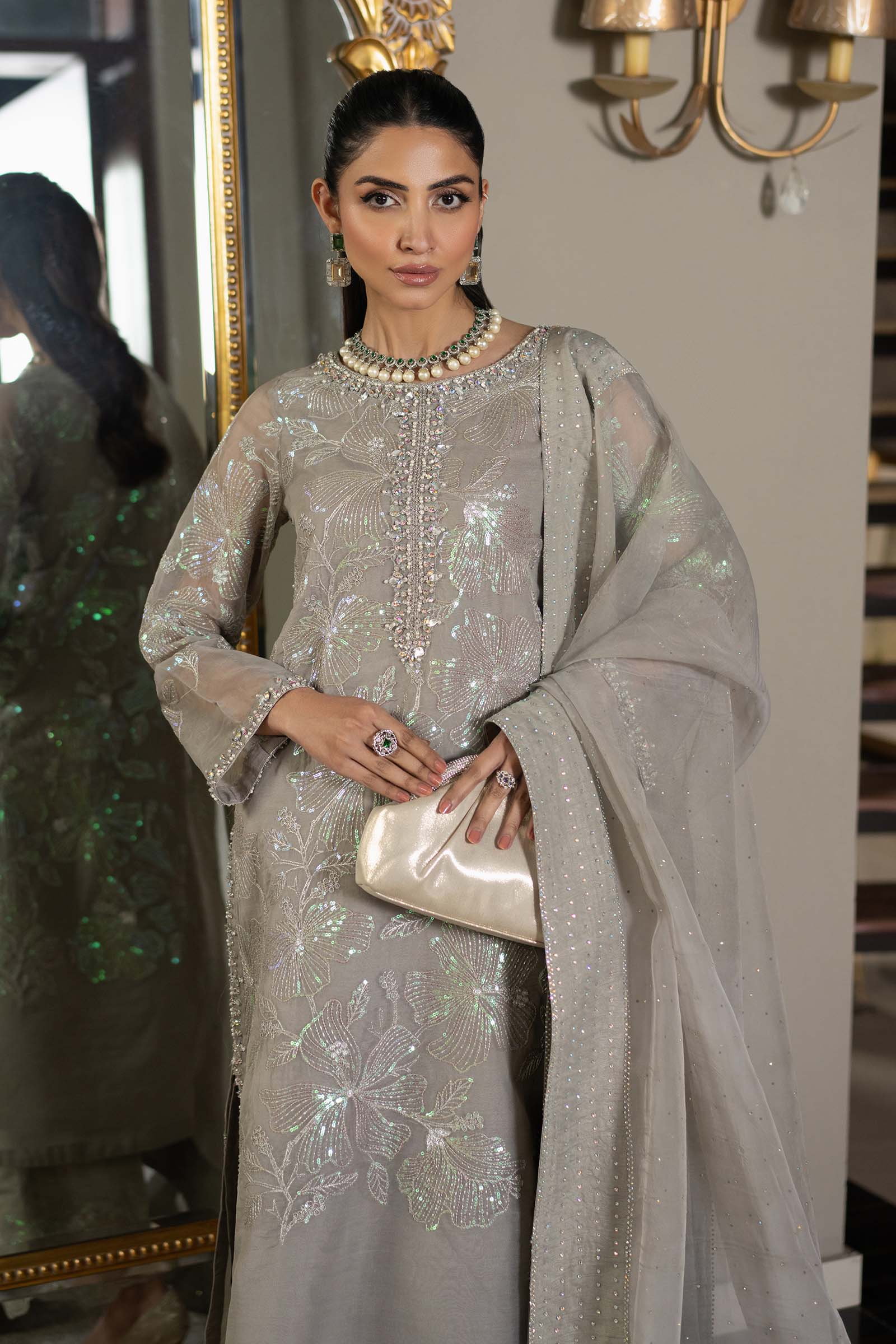 Pakistani Grey Embroidered Organza 3-Piece Suit - Image 3