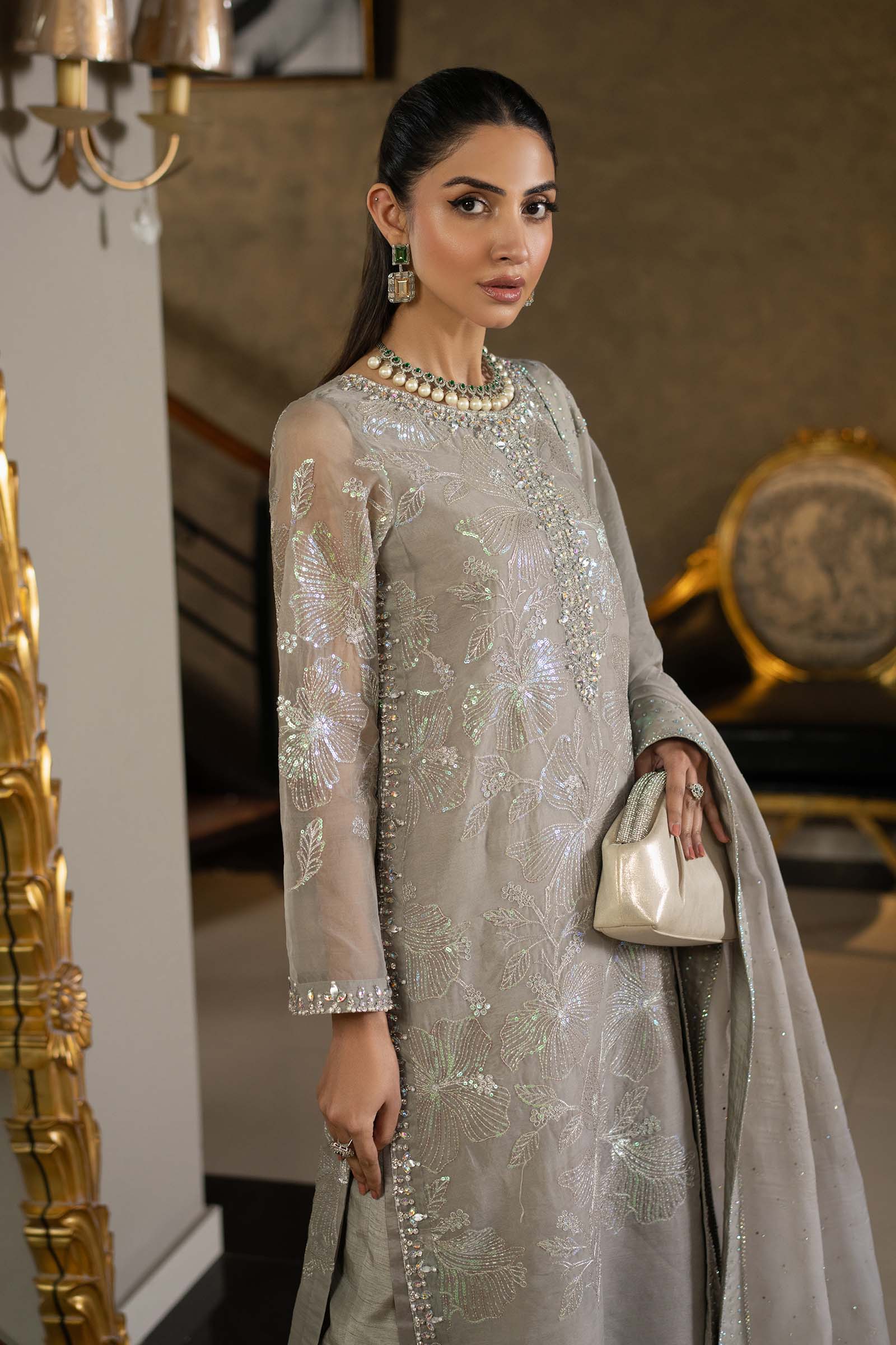 Pakistani Grey Embroidered Organza 3-Piece Suit - Image 4