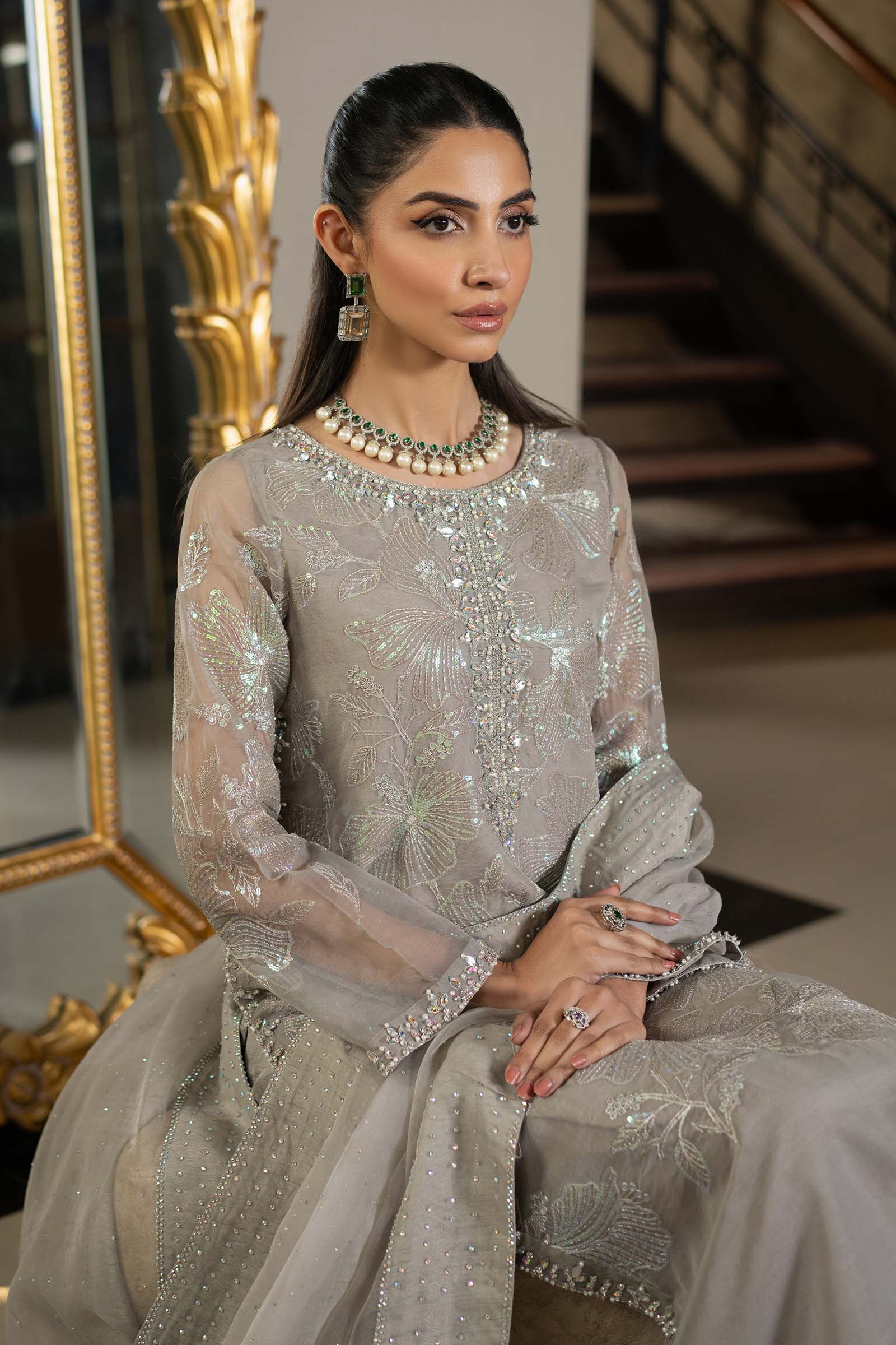 Pakistani Grey Embroidered Organza 3-Piece Suit - Image 5
