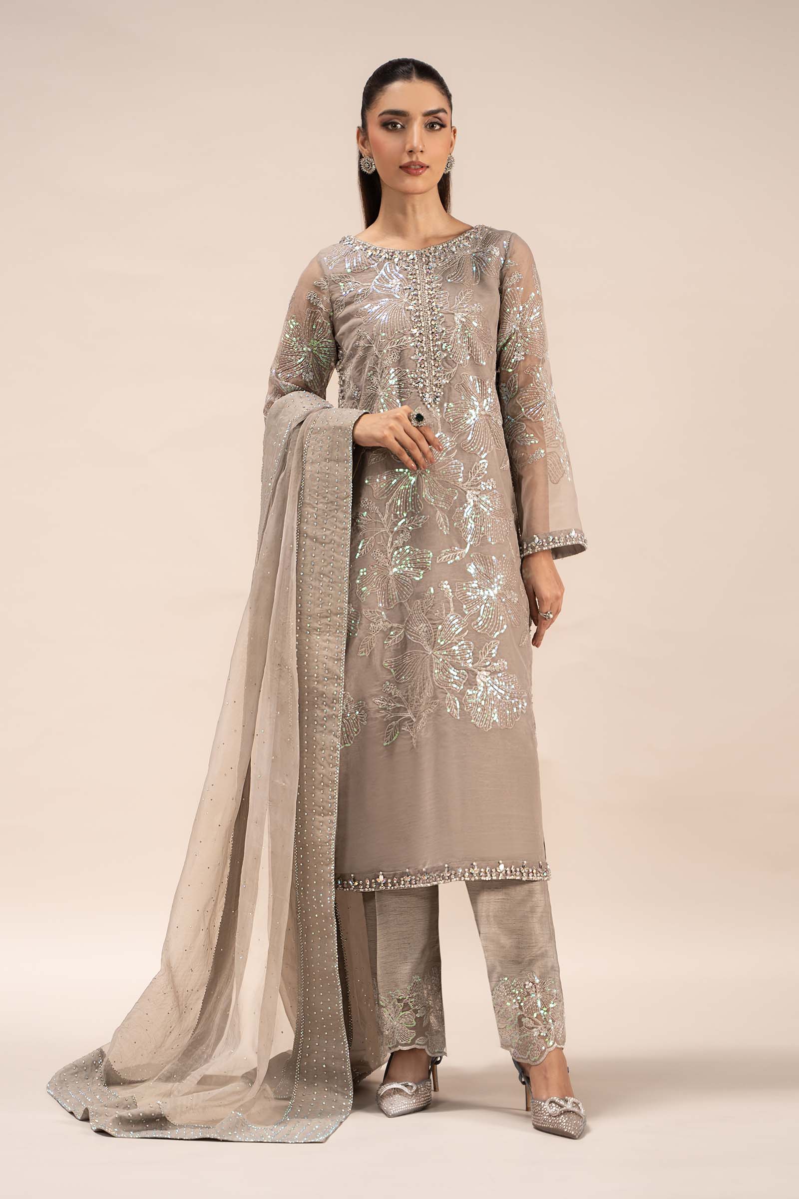 Pakistani Grey Embroidered Organza 3-Piece Suit - Image 8