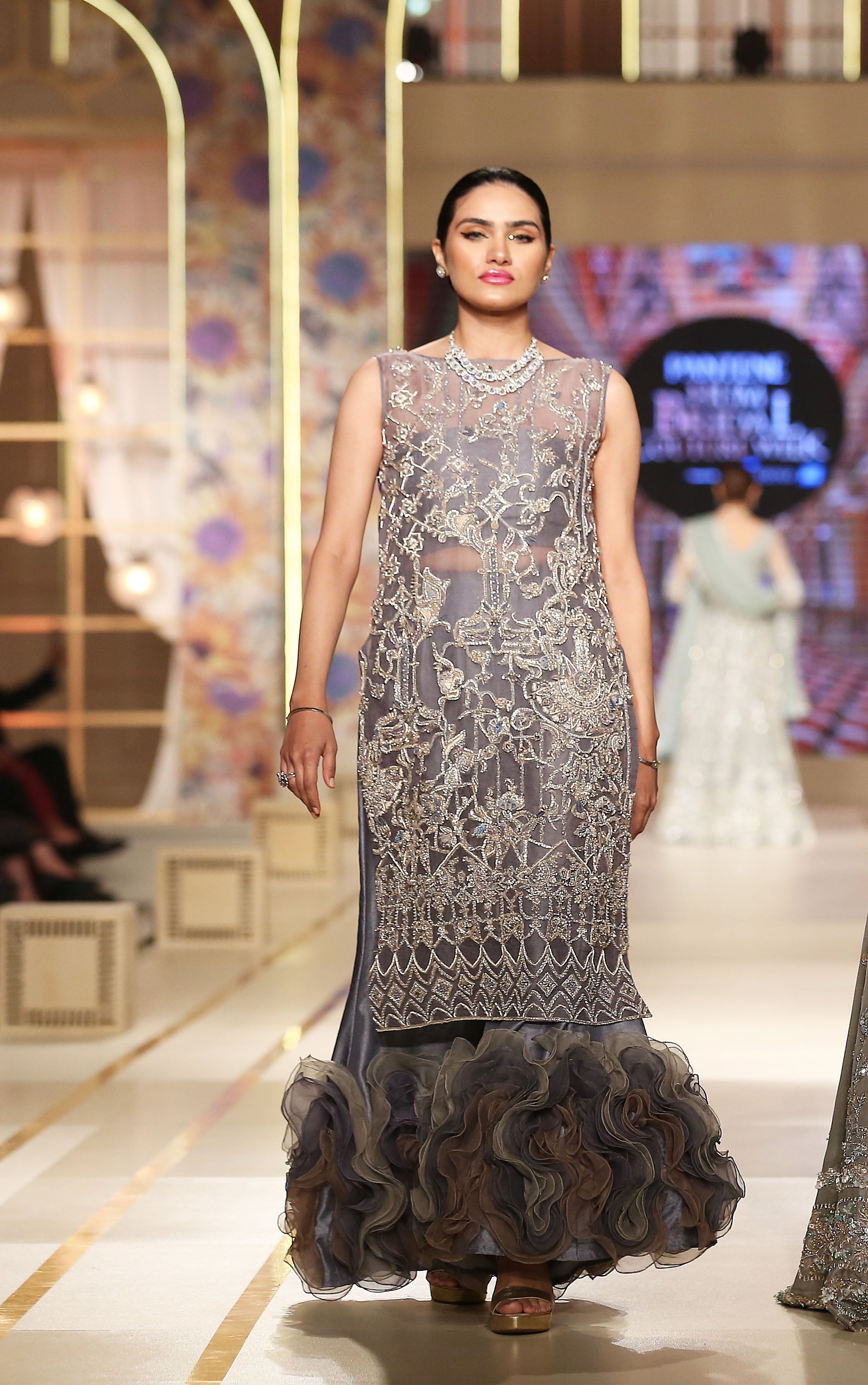 Slate Grey Hand-Embellished Organza Long Shirt (2-Piece) - Image 1