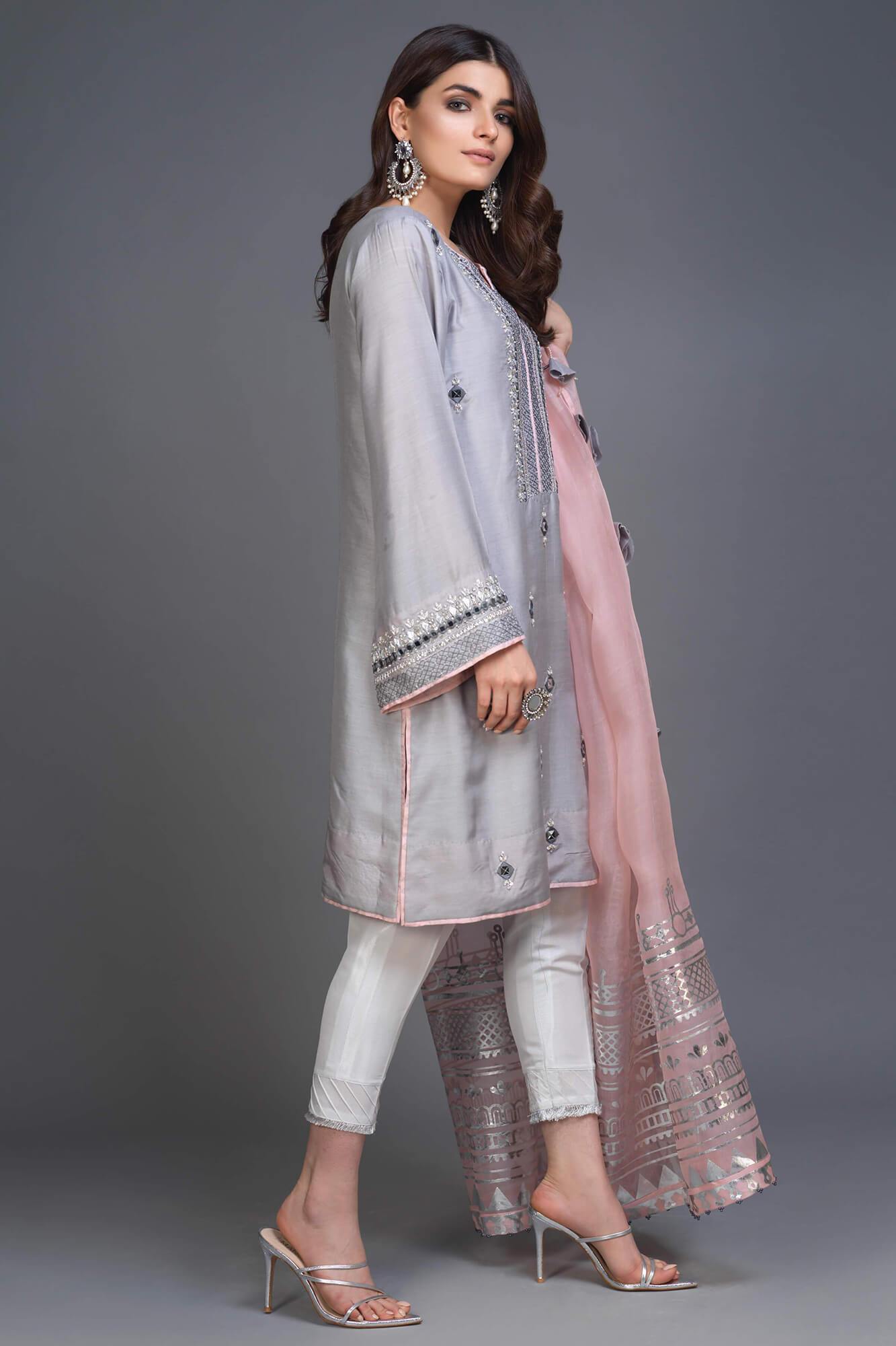 Opal Grey Embroidered PK Raw Silk Salwar Kameez (3-Piece) - Image 4