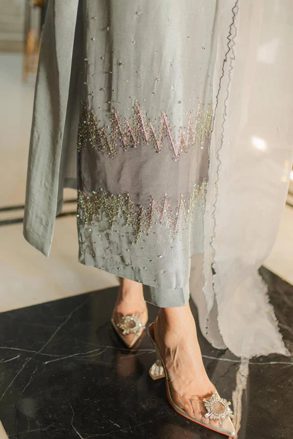 Mink Grey Embellished Raw Silk & Organza Salwar Kameez (3-Piece) - Image 4