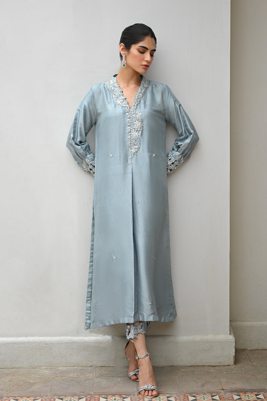 Pakistani Grey Embroidered Raw Silk Salwar Kameez (2-Piece) - Image 1