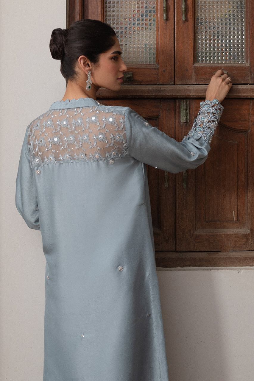 Pakistani Grey Embroidered Raw Silk Salwar Kameez (2-Piece) - Image 3