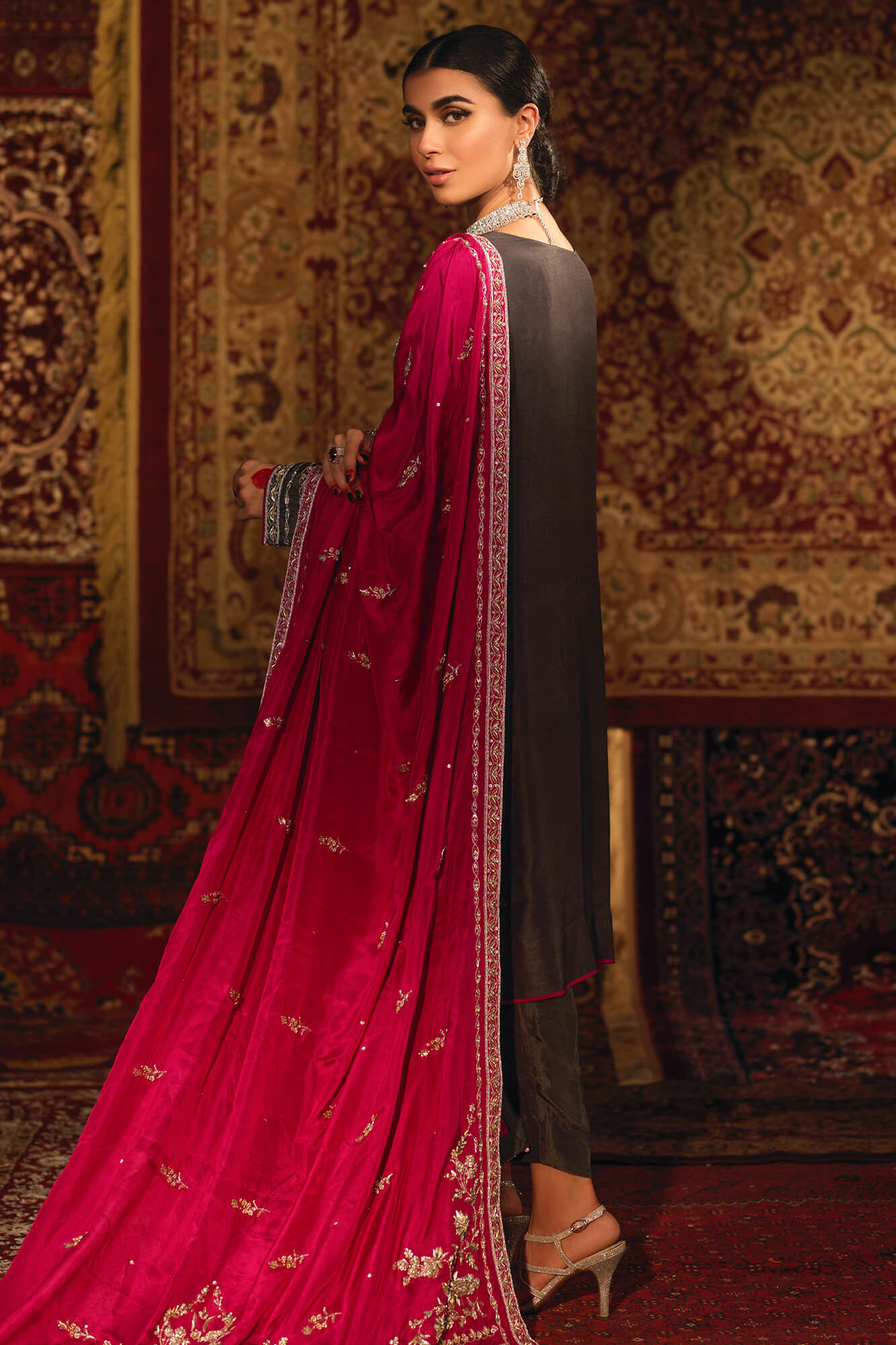 Pakistani Ash Grey Embroidered PK Raw Silk Salwar Kameez (3-Piece) - Image 1