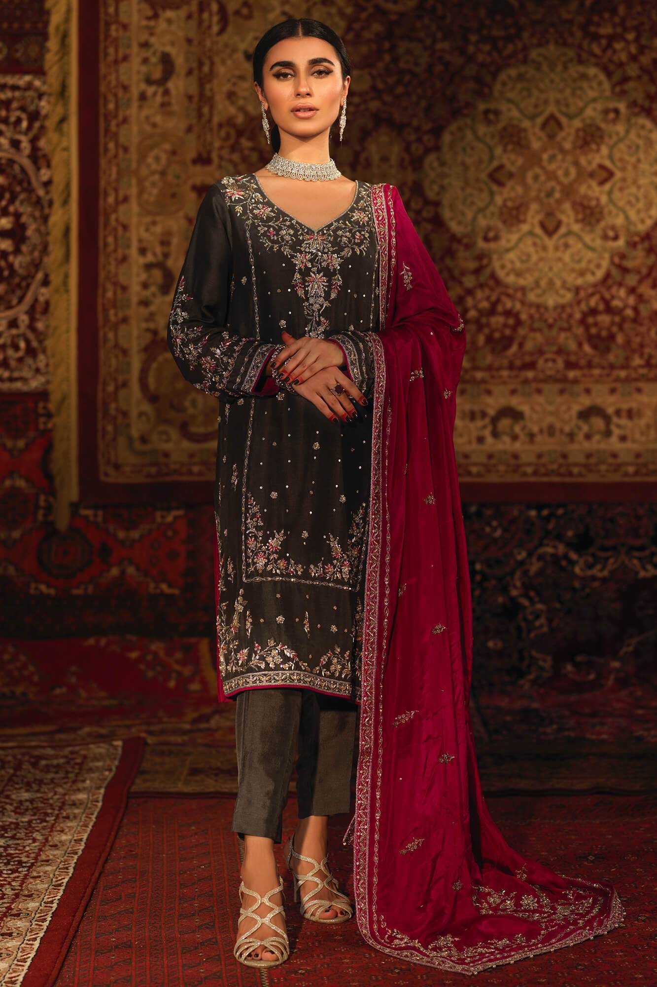 Pakistani Ash Grey Embroidered PK Raw Silk Salwar Kameez (3-Piece) - Image 2