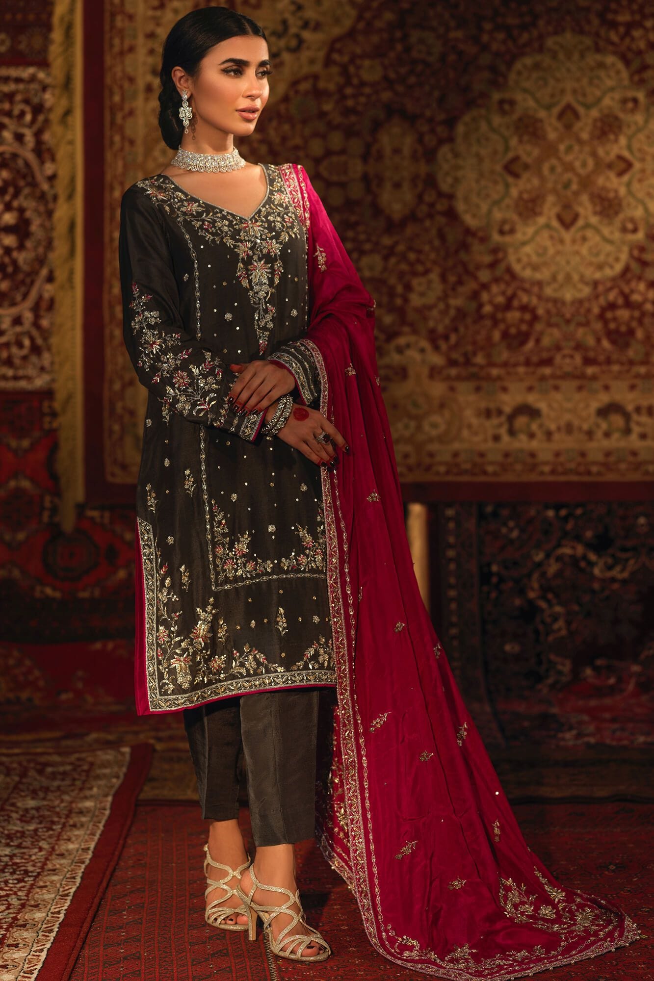 Pakistani Ash Grey Embroidered PK Raw Silk Salwar Kameez (3-Piece) - Image 3