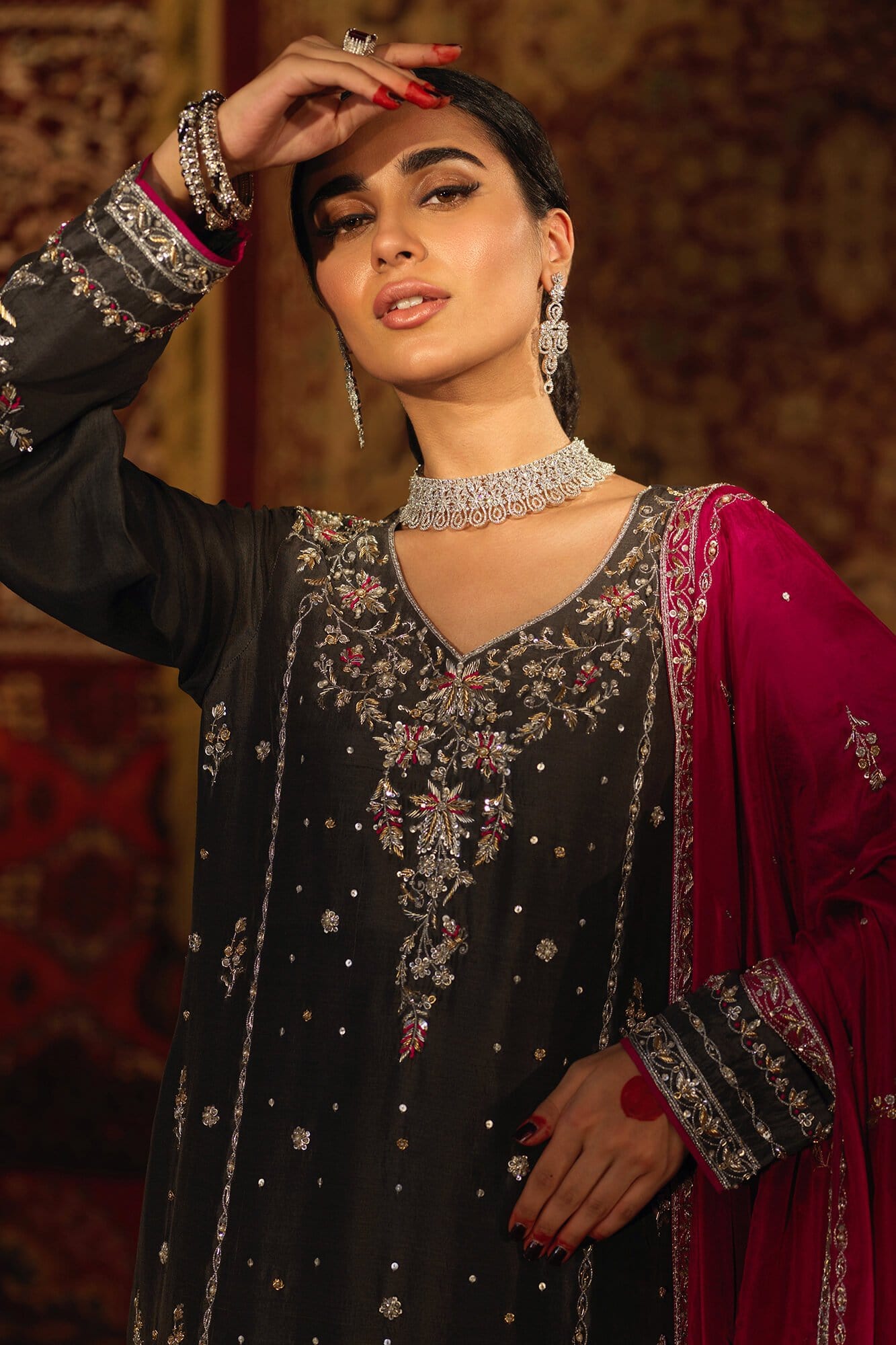 Ash Grey Embroidered PK Raw Silk Salwar Kameez (3-Piece) - Image 4
