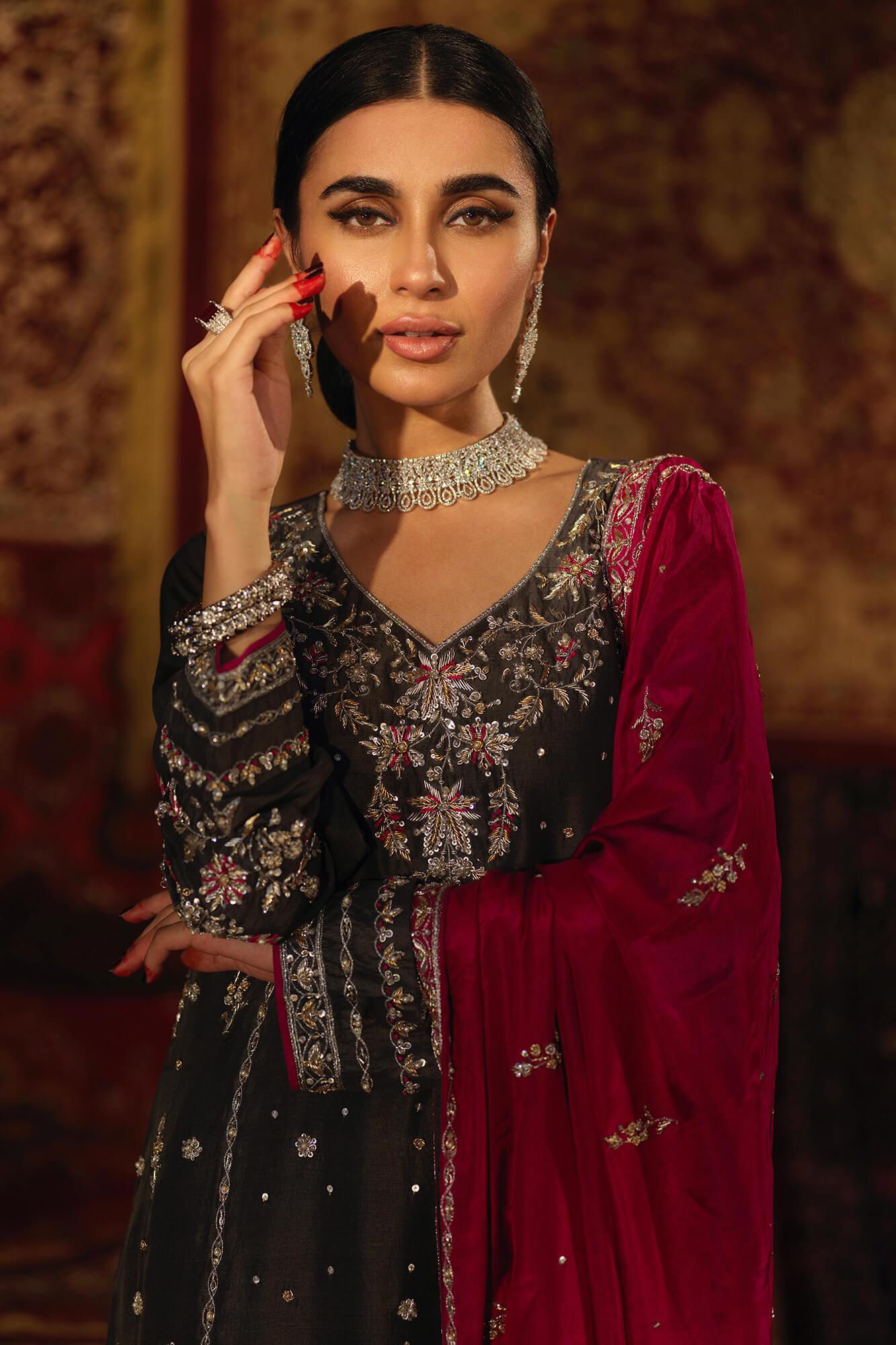 Ash Grey Embroidered PK Raw Silk Salwar Kameez (3-Piece) - Image 5