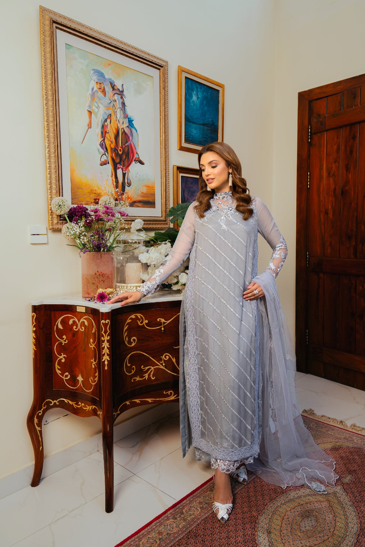 Dusty Grey Embroidered Raw Silk & Net Salwar Kameez (3-Piece) - Image 1
