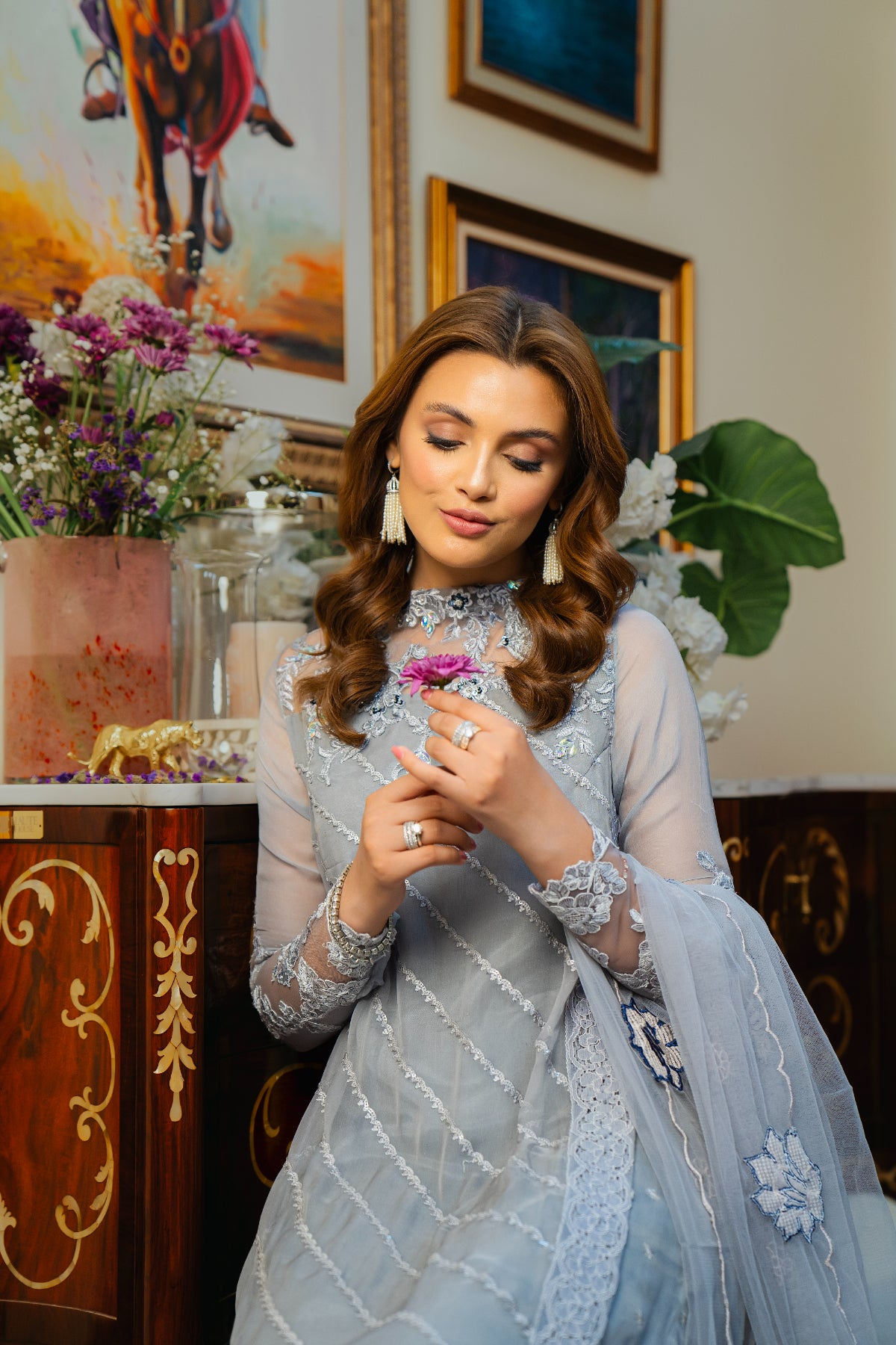 Dusty Grey Embroidered Raw Silk & Net Salwar Kameez (3-Piece) - Image 3