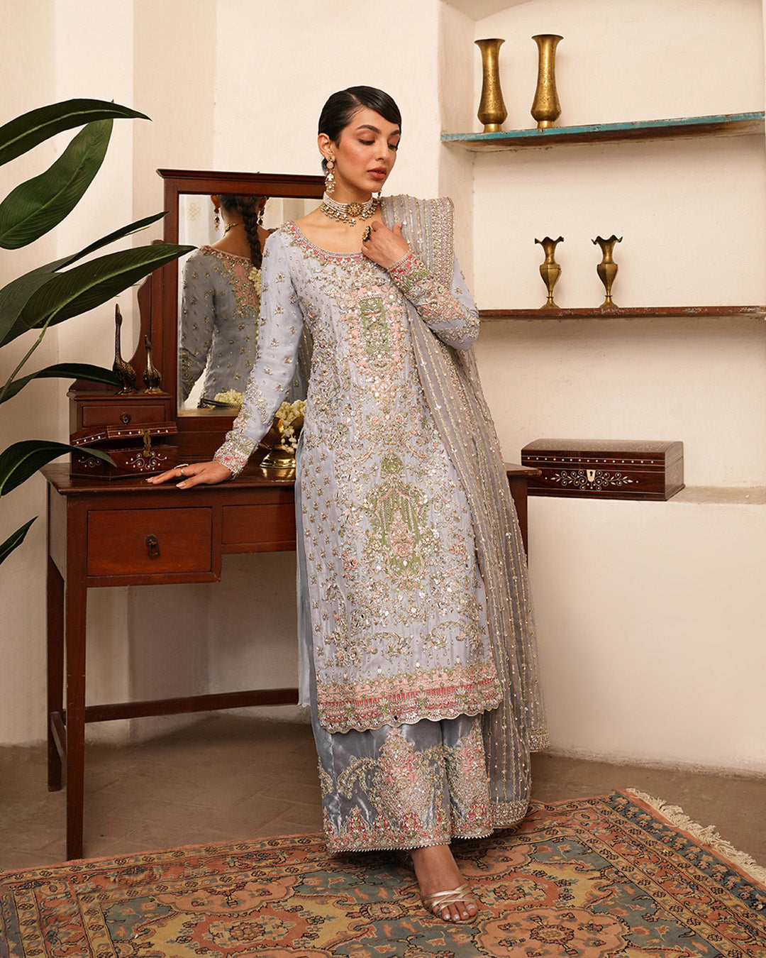 Grey Blue Embellished Korean Raw Silk Salwar Kameez (3-Piece) - Image 1