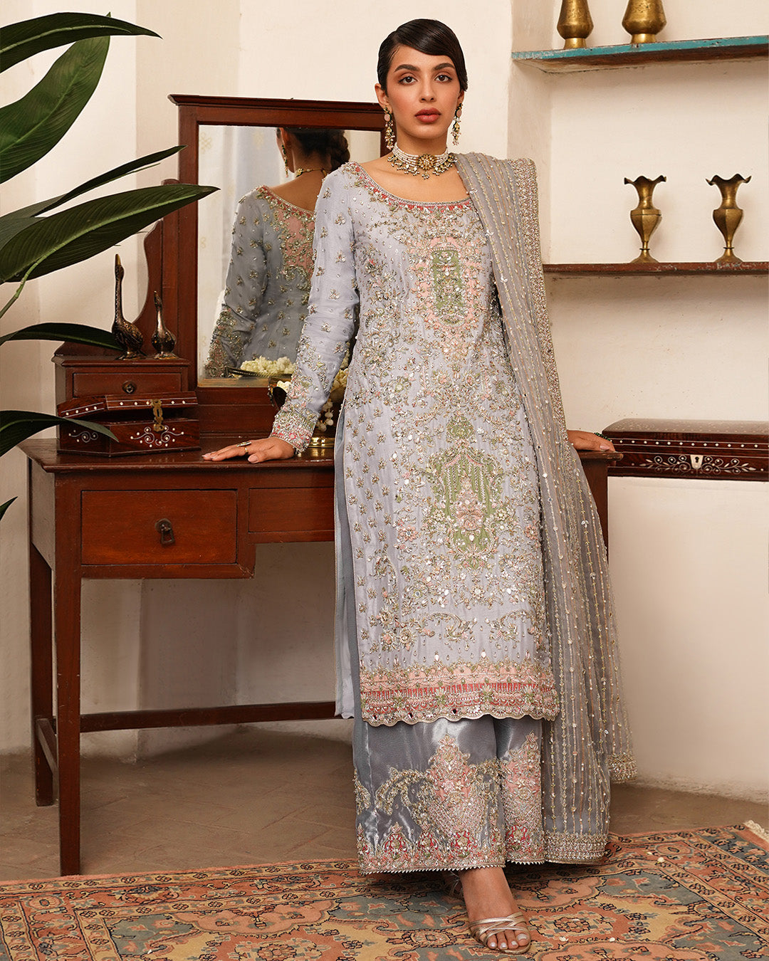 Grey Blue Embellished Korean Raw Silk Salwar Kameez (3-Piece) - Image 3