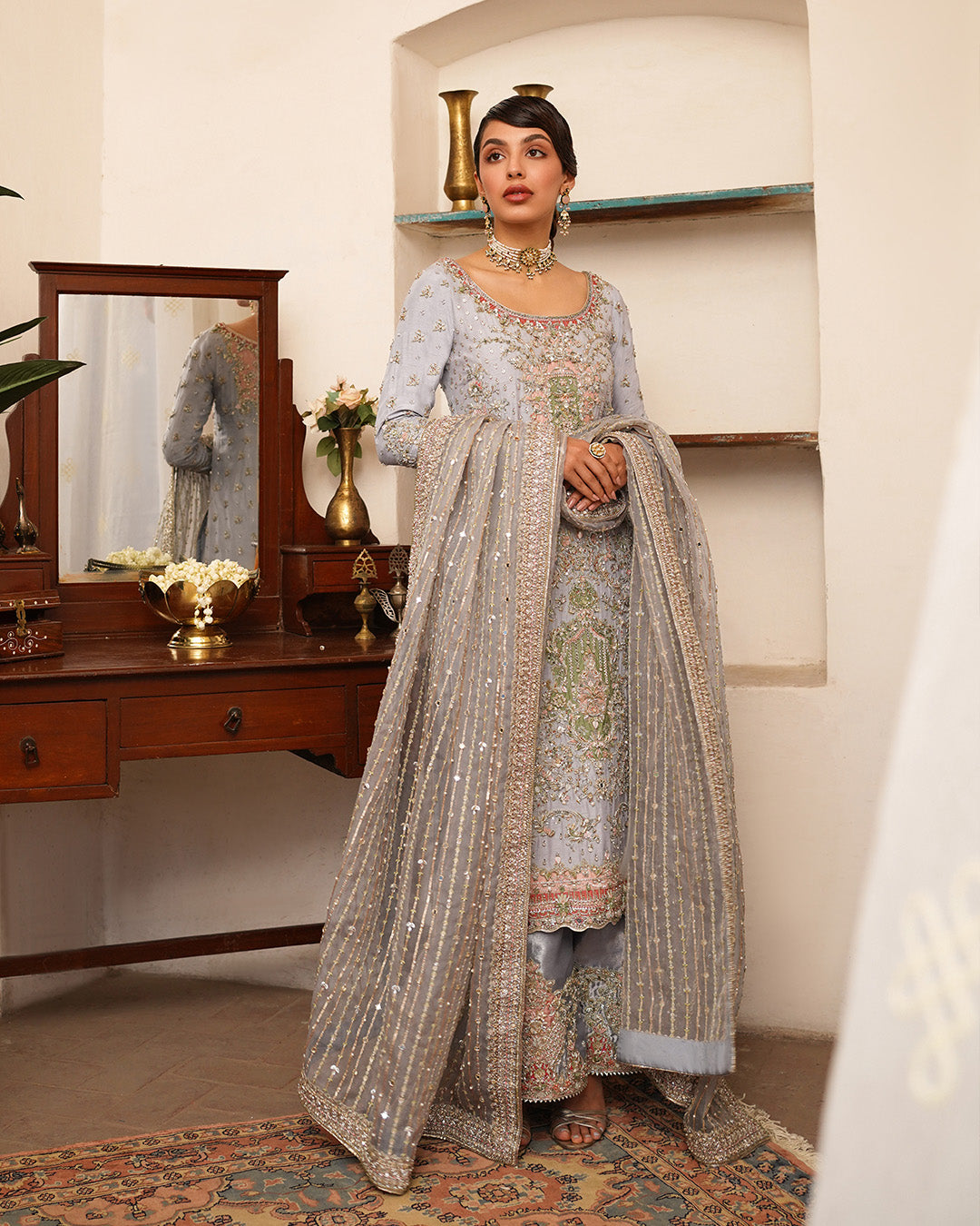 Grey Blue Embellished Korean Raw Silk Salwar Kameez (3-Piece) - Image 4