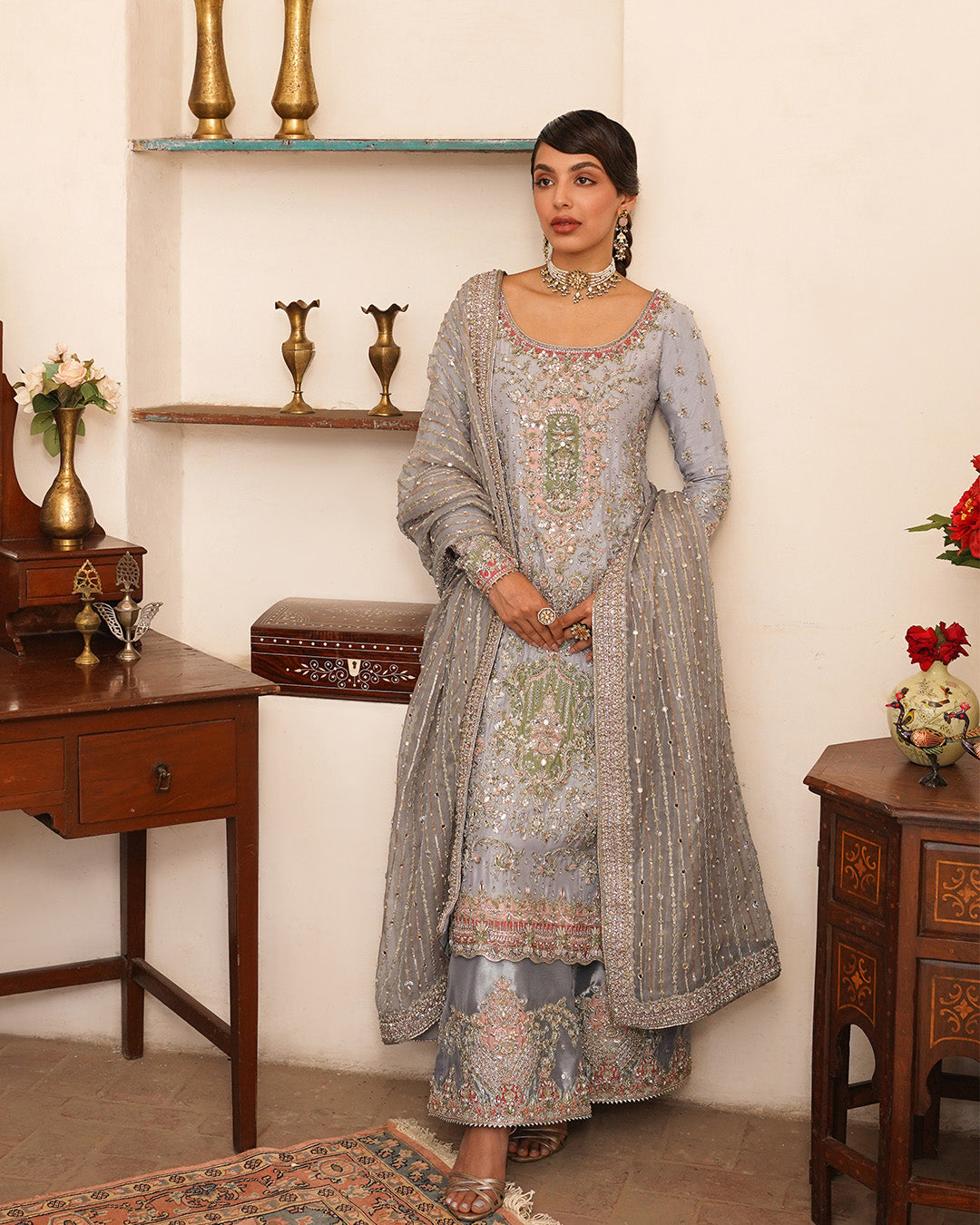 Grey Blue Embellished Korean Raw Silk Salwar Kameez (3-Piece) - Image 5