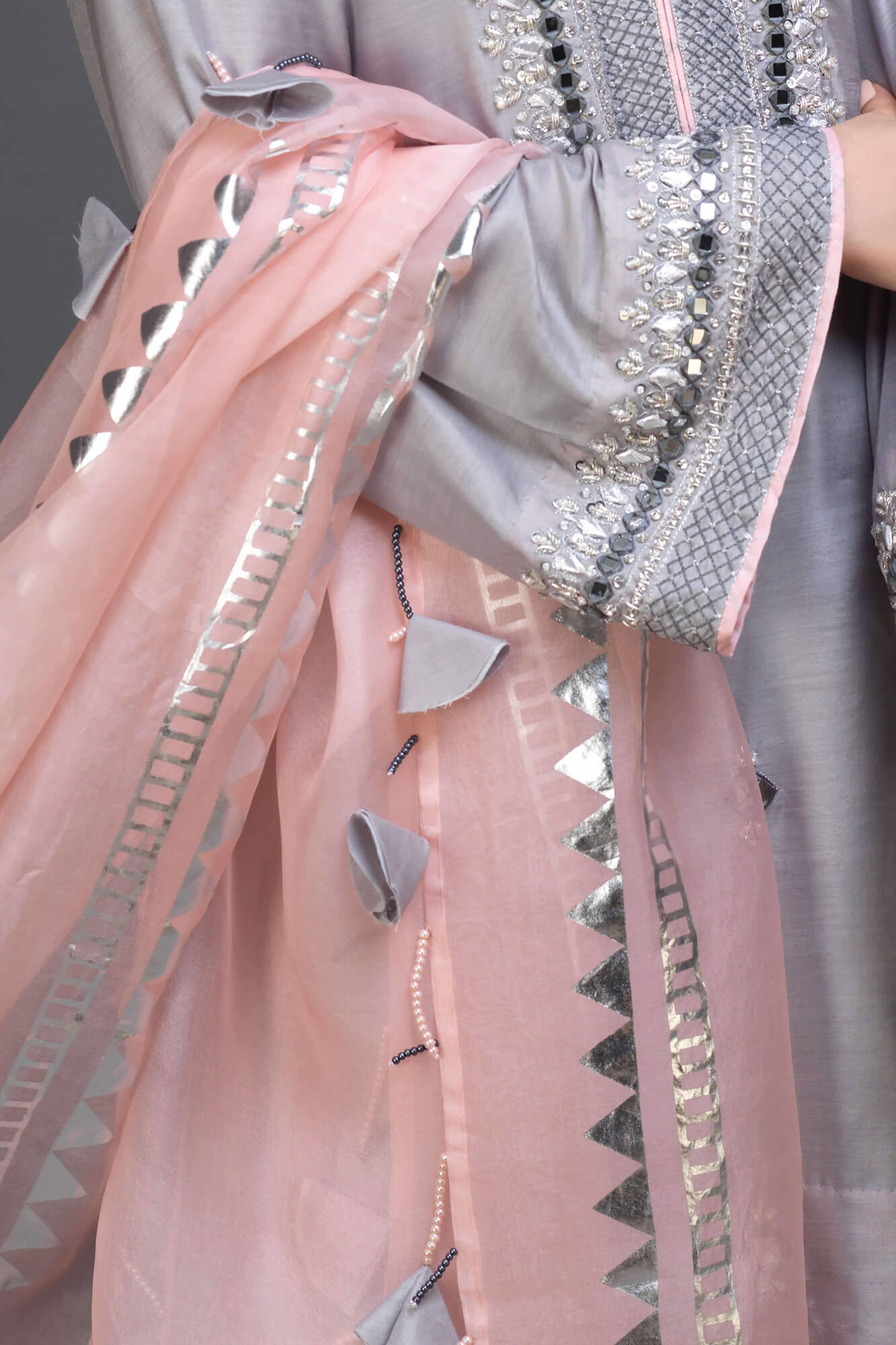 Opal Grey Embroidered PK Raw Silk Kurta Set (3-Piece) - Image 1