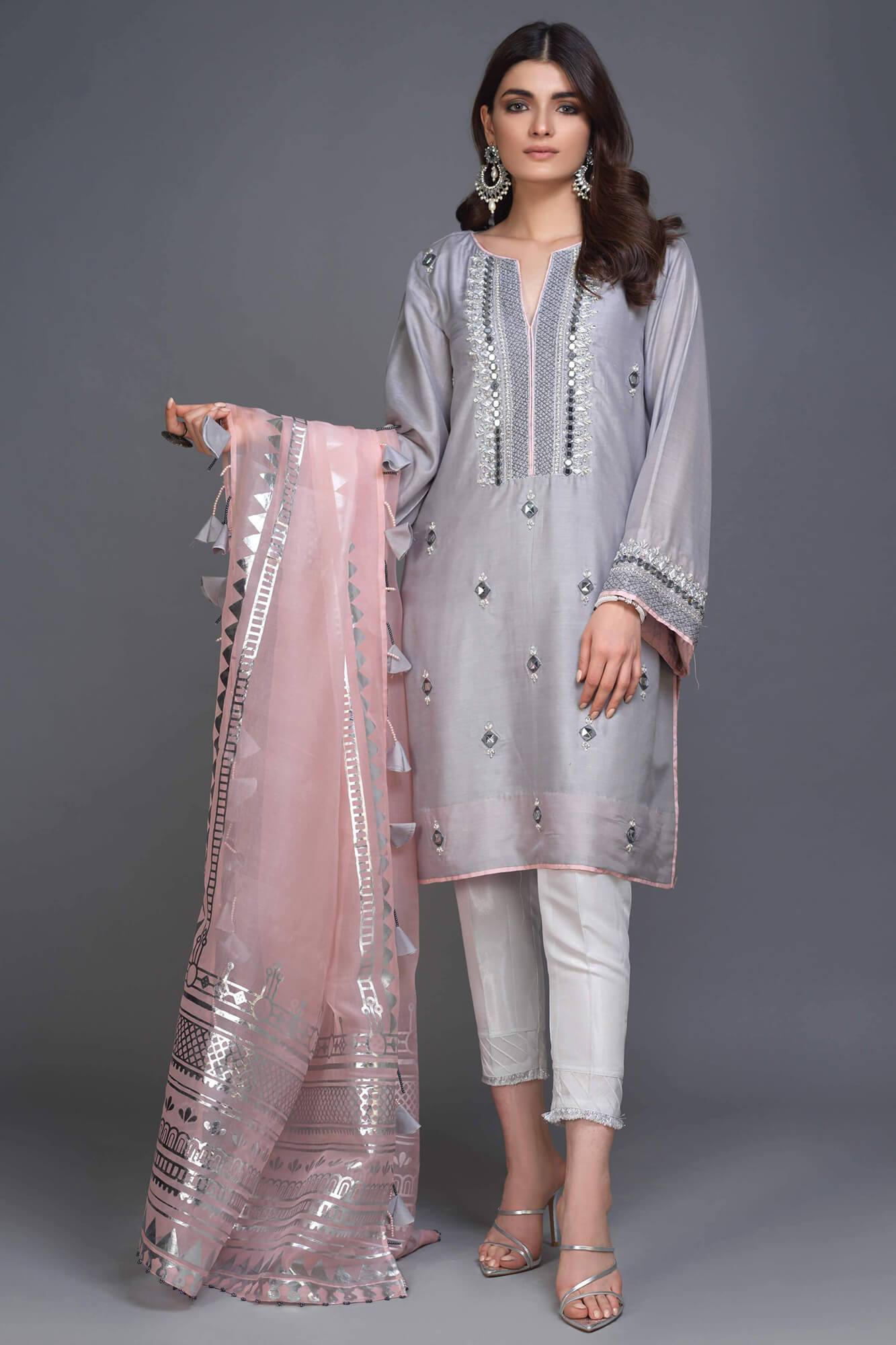 Opal Grey Embroidered PK Raw Silk Kurta Set (3-Piece) - Image 2