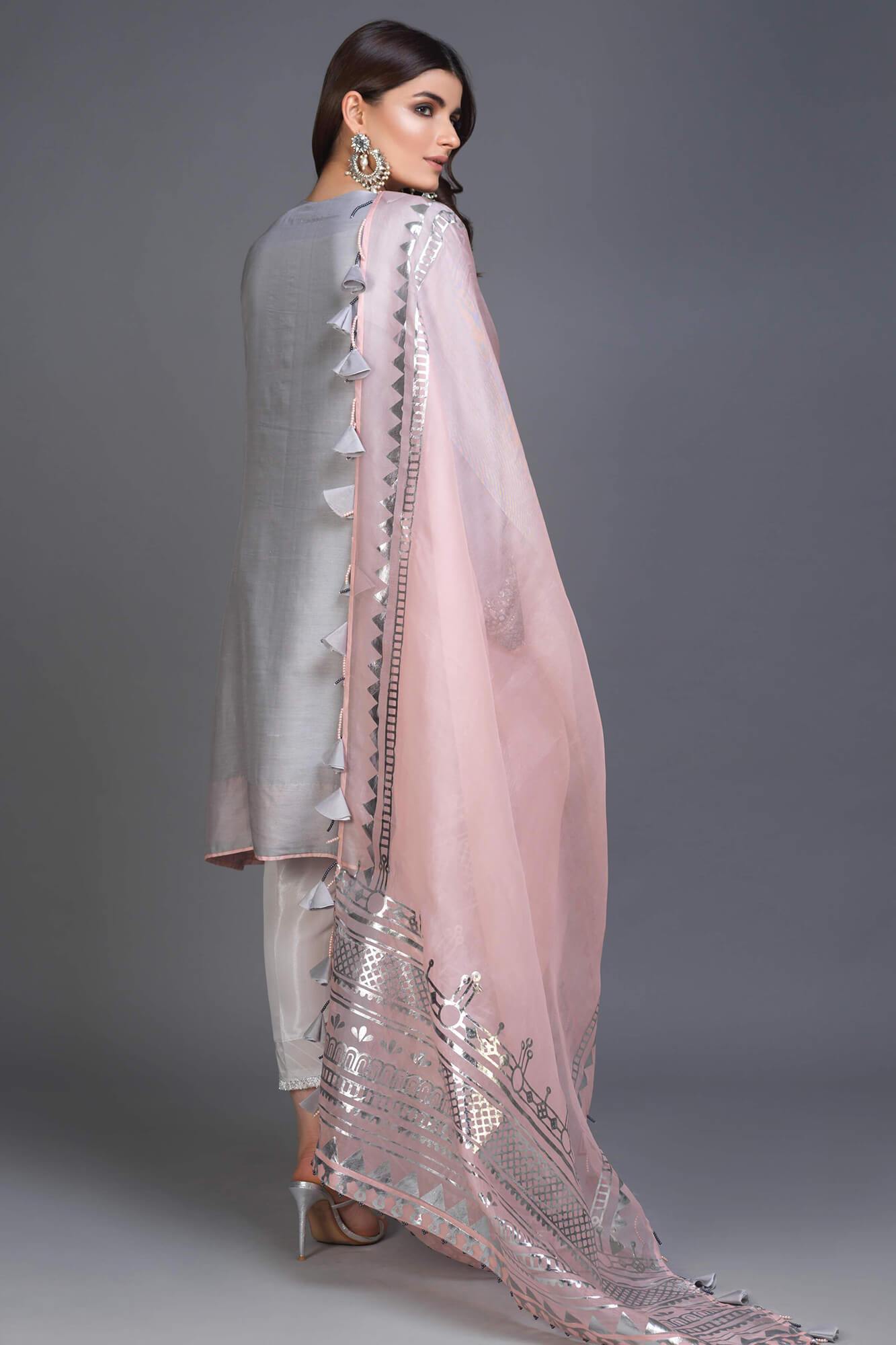 Opal Grey Embroidered PK Raw Silk Kurta Set (3-Piece) - Image 3