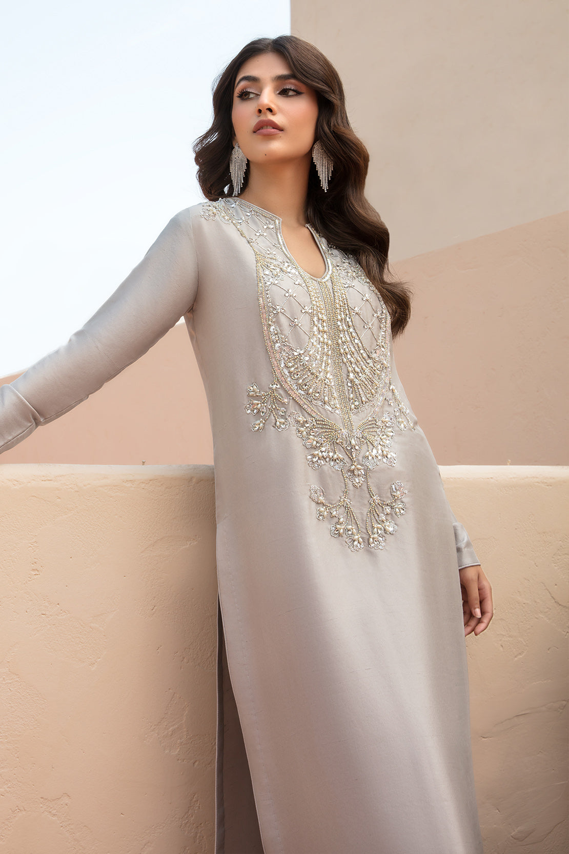 Pakistani Pearl Grey Hand-Embellished Raw Silk Salwar Kameez (3-Piece) - Image 2