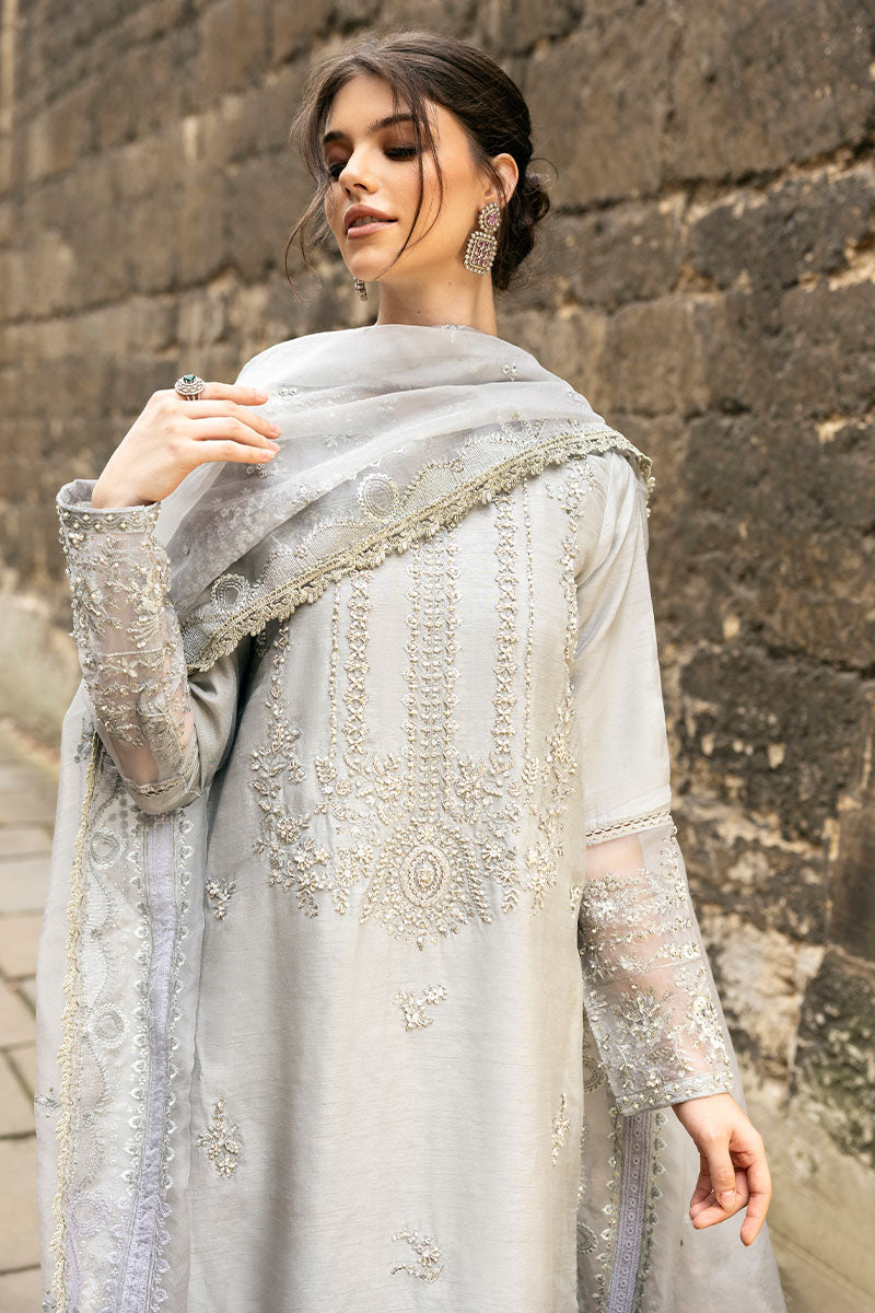 Grey Embroidered Raw Silk Salwar Kameez (3-Piece) - Image 4