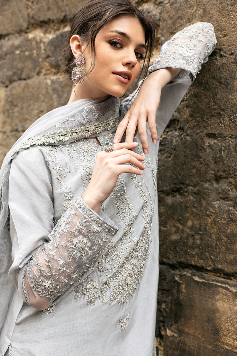 Grey Embroidered Raw Silk Salwar Kameez (3-Piece) - Image 5
