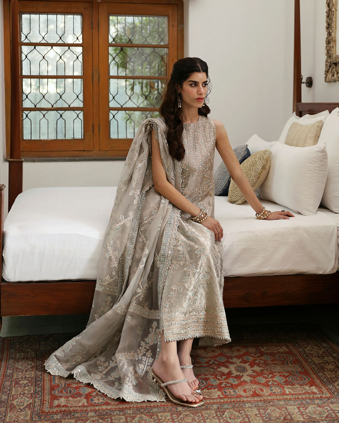 Pakistani Light Stone Grey Embroidered Tissue Salwar Kameez (3-Piece) - Image 2