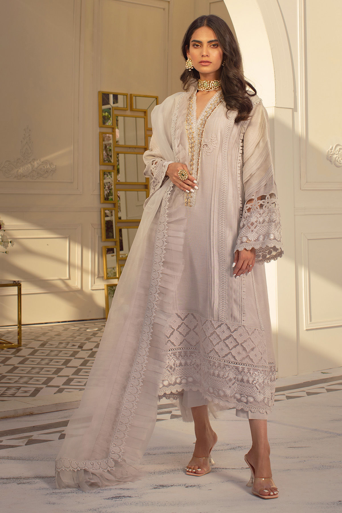 Smoke Grey Zardozi Raw Silk Salwar Kameez (3-Piece) - Image 1