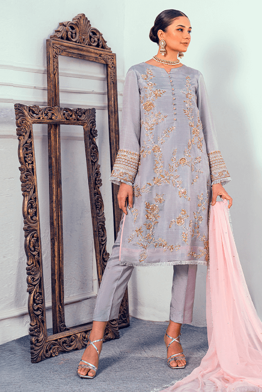 Pakistani Grey Zardozi PK Raw Silk Straight Suit (3-Piece) - Image 3